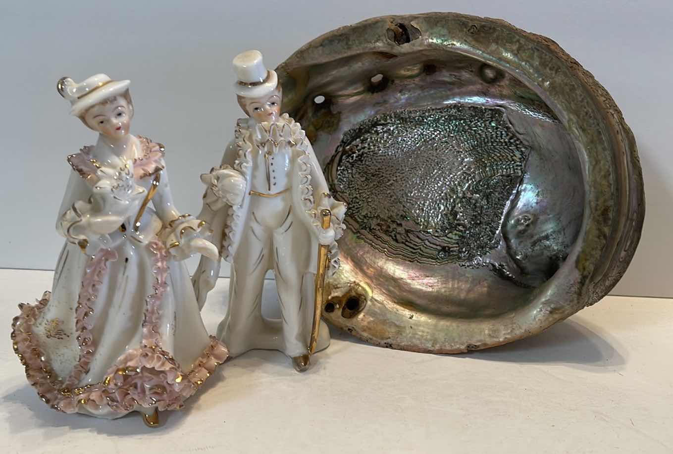 Photo 1 of LARGE ABALONE SHELL & 2- PORCELAIN COLLECTIBLE FIGURINES