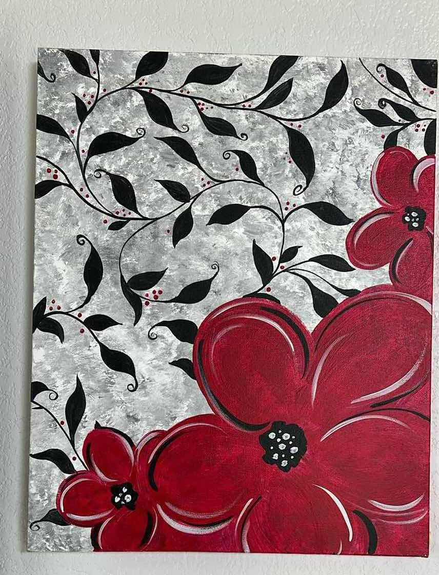 Photo 1 of ARTWORK-RED AND BLACK ACRYLIC FLORAL PAINTING ON STRETCHED CANVASE.  16”X 20”H