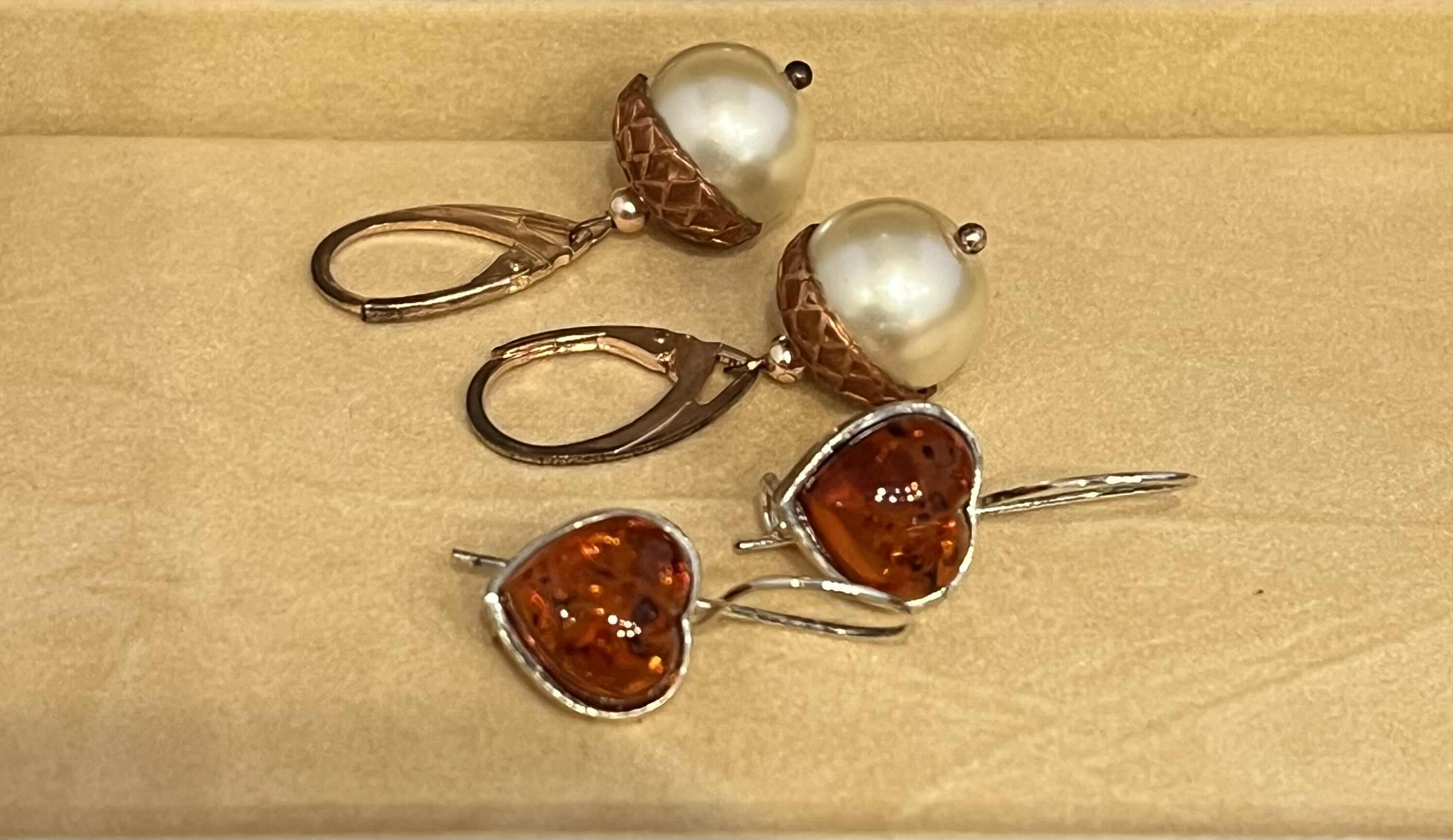 Photo 1 of 2-PAIRS OF BRAND NEW DROP EARRINGS. HAND MADE. SILVER AND AMBER HEARTS.  PEARL AND COPPER ACORNS.