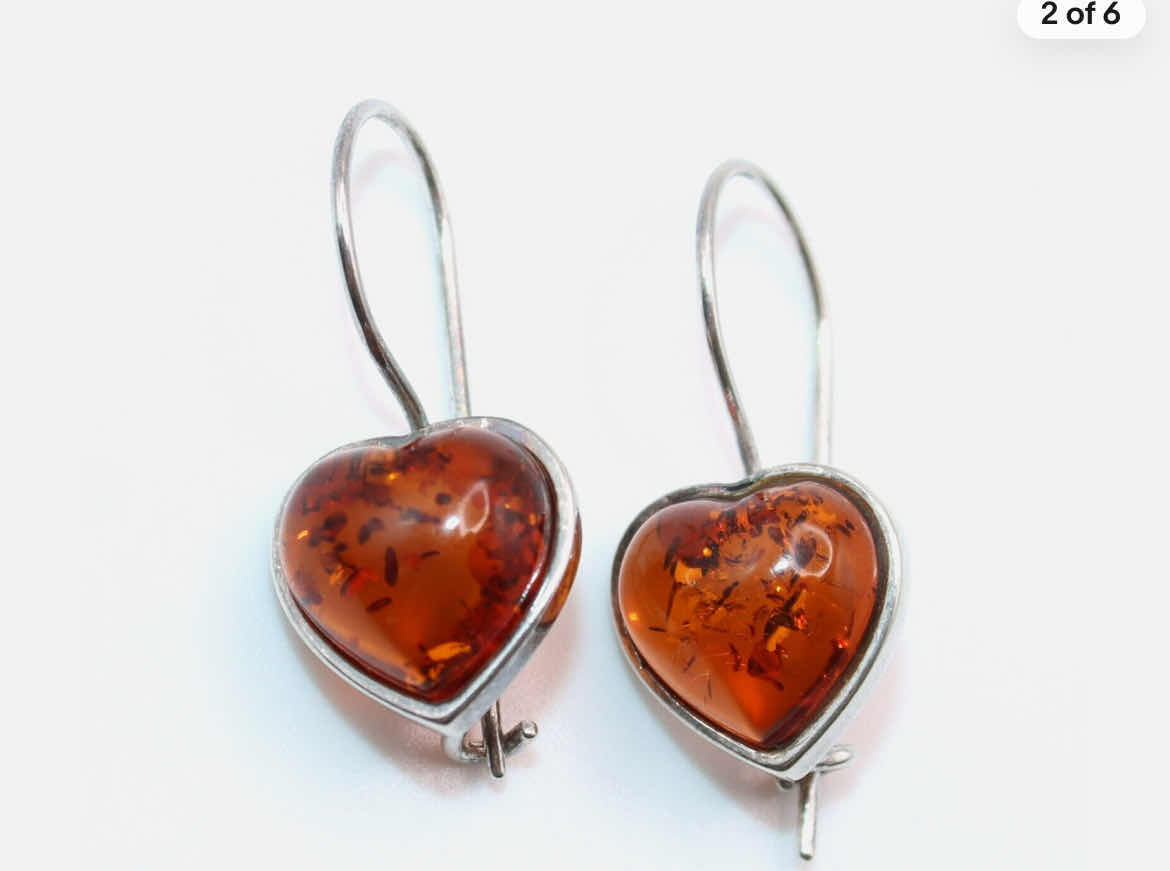 Photo 2 of 2-PAIRS OF BRAND NEW DROP EARRINGS. HAND MADE. SILVER AND AMBER HEARTS.  PEARL AND COPPER ACORNS.