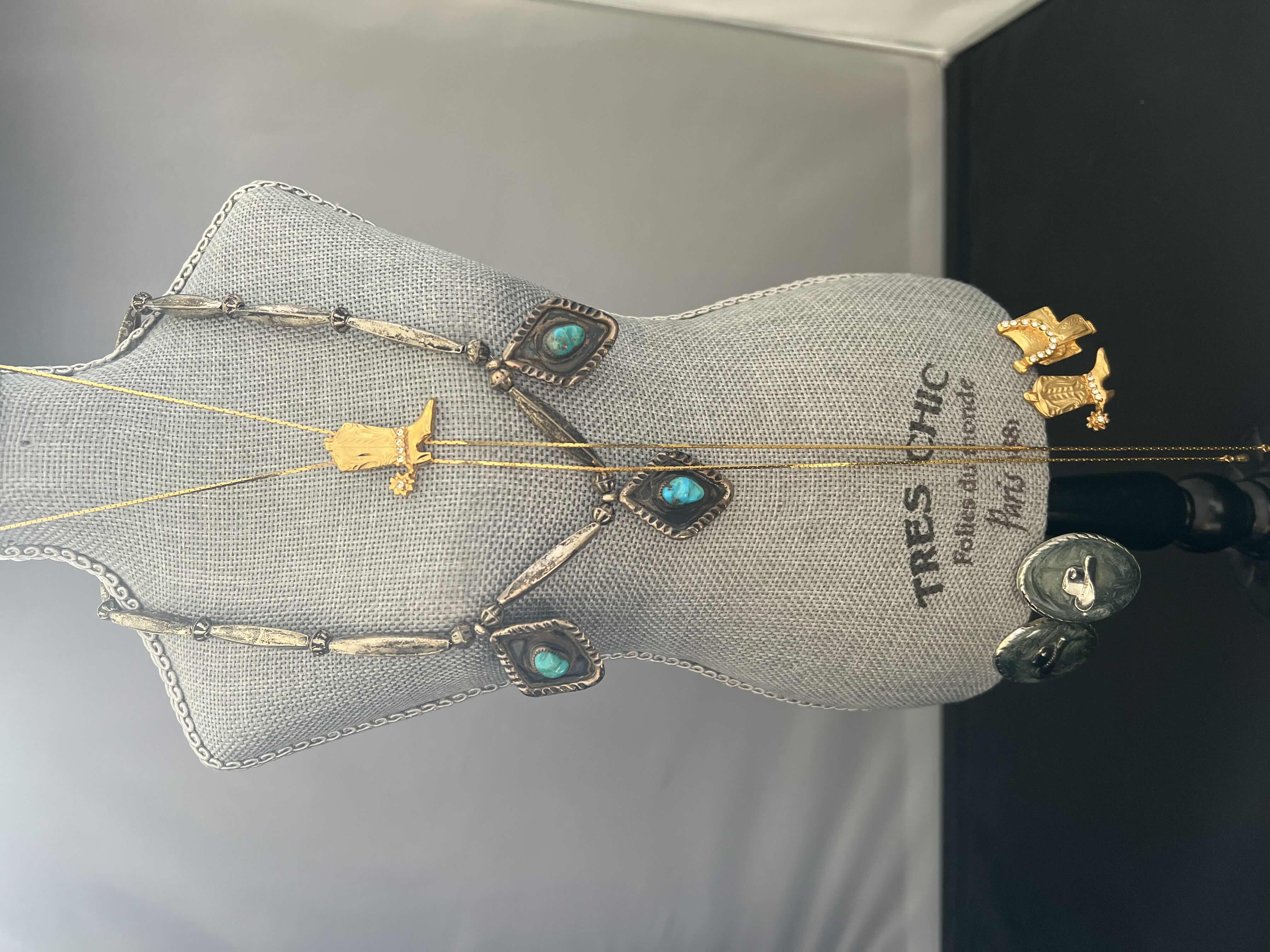 Photo 1 of 4 PIECES OF COWGIRL CHIC JEWELRY.  2-NECKLACES AND 2-PAIRS OF EARRINGS. GOLD, TURQUOISE  AND SPARKLES.