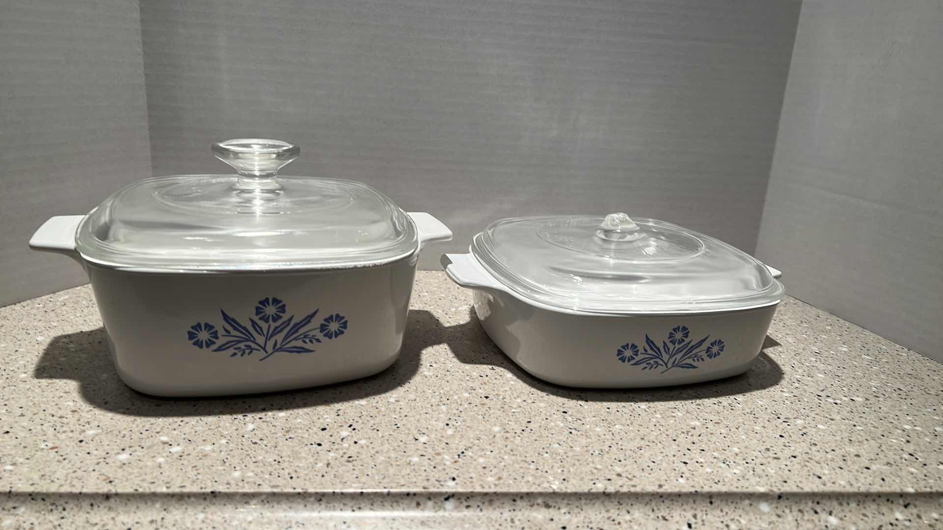 Photo 1 of 2-VINTAGE CORNINGWARE,CORNFLOWER PATTERN 1.5 AND 2.5 QT DISHES WITH LIDS.