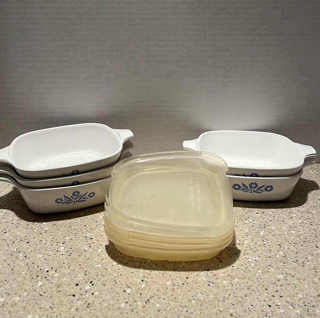 Photo 1 of 5-VINTAGE CORNFLOWER PATTERN CORNINGWARE PETIT PANS WITH LIDS.