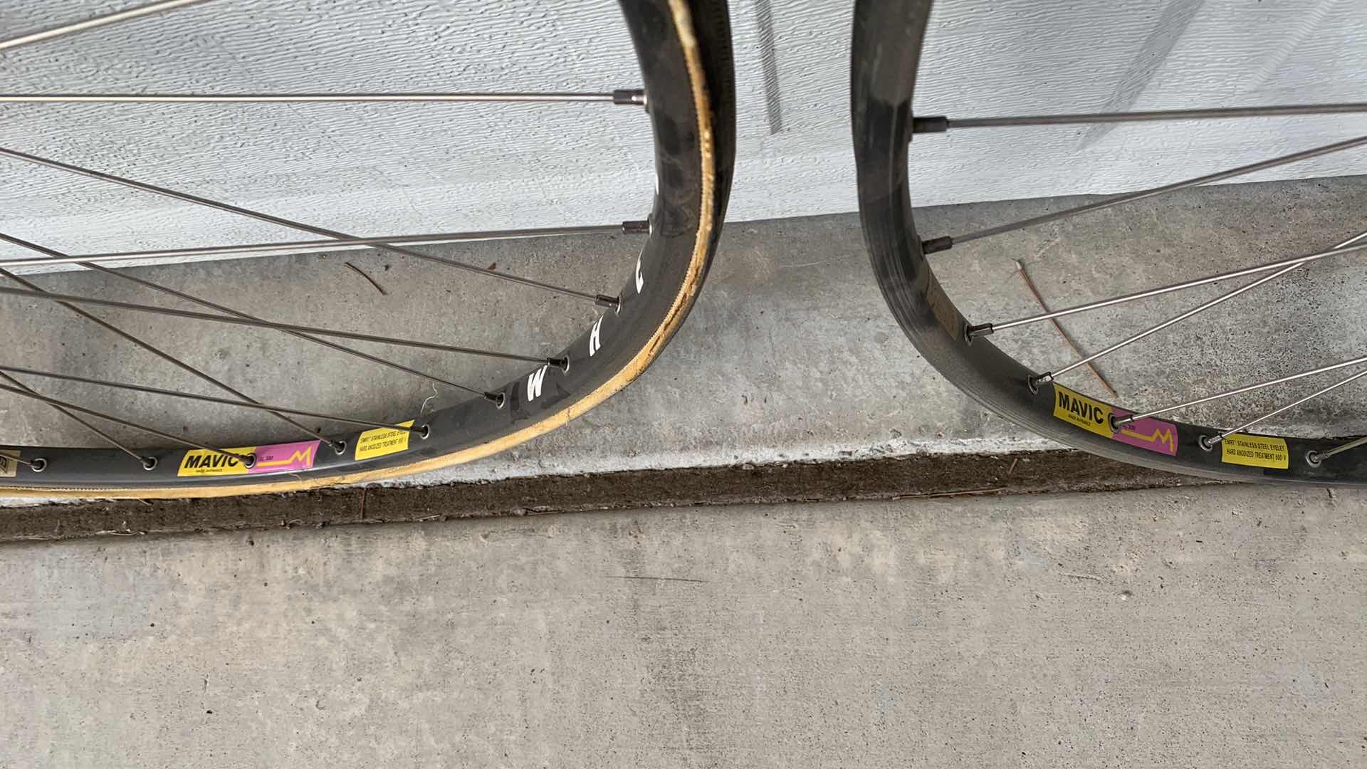 Photo 2 of 2-24” MAVIC WHEELSMITH ROAD BICYCLE RIMS, ONE WITH A TIRE. BIKE PARTS.