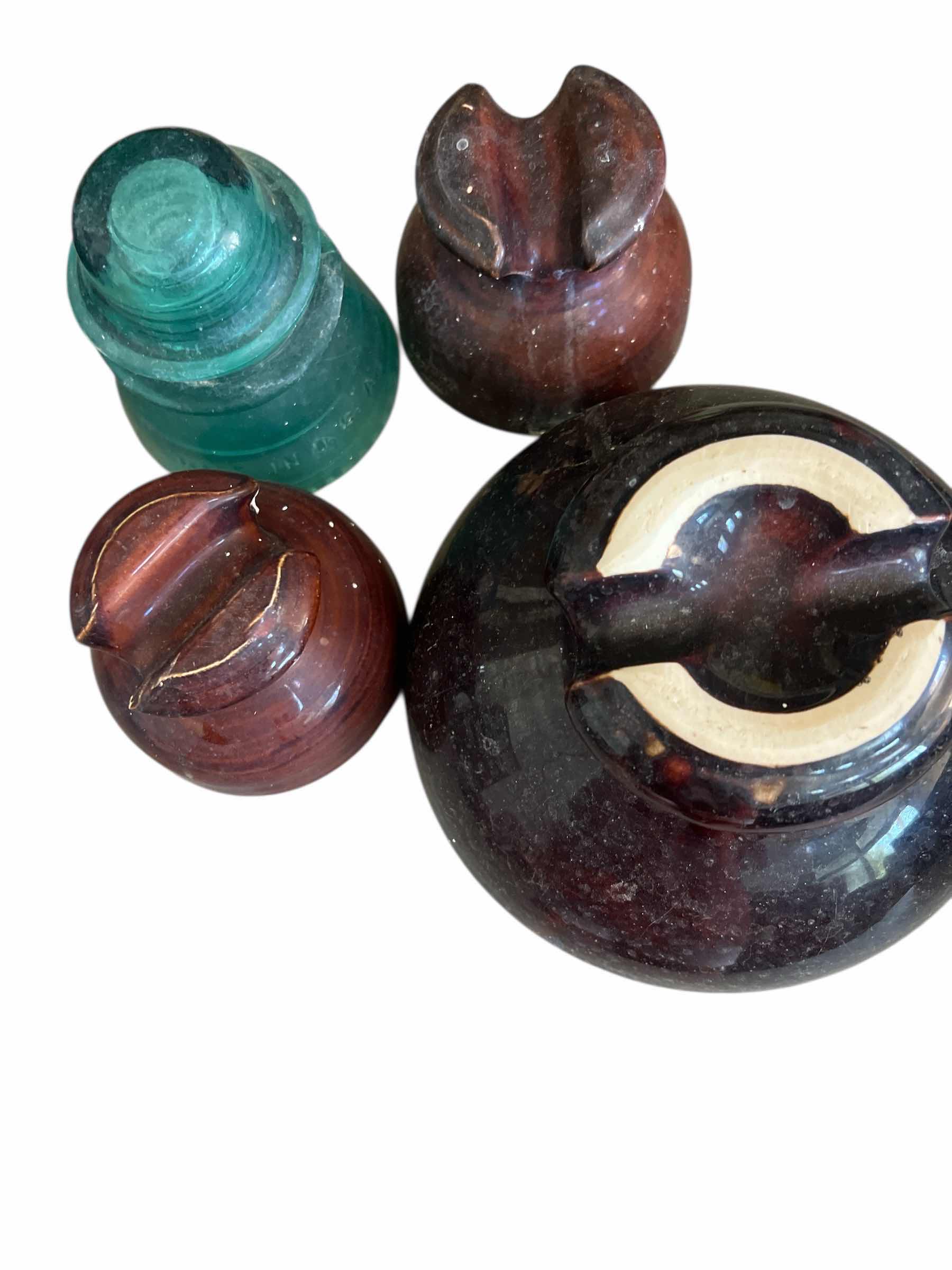 Photo 1 of ANTIQUE INSULATORS - 4 - CERAMIC AND GLASS - LARGEST IS 7” WIDE