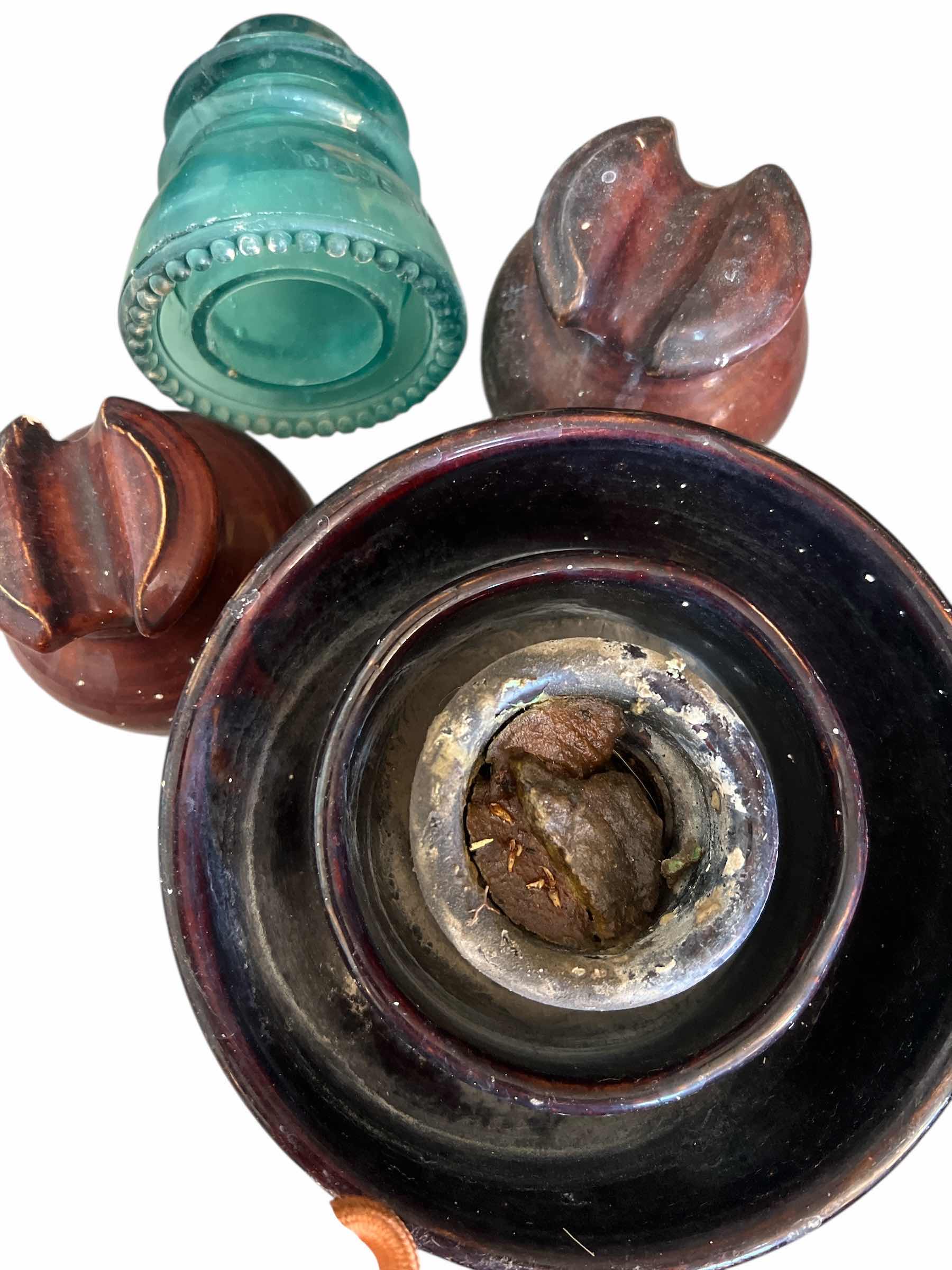Photo 1 of ANTIQUE INSULATORS - 4 - CERAMIC AND GLASS - LARGEST IS 7” WIDE