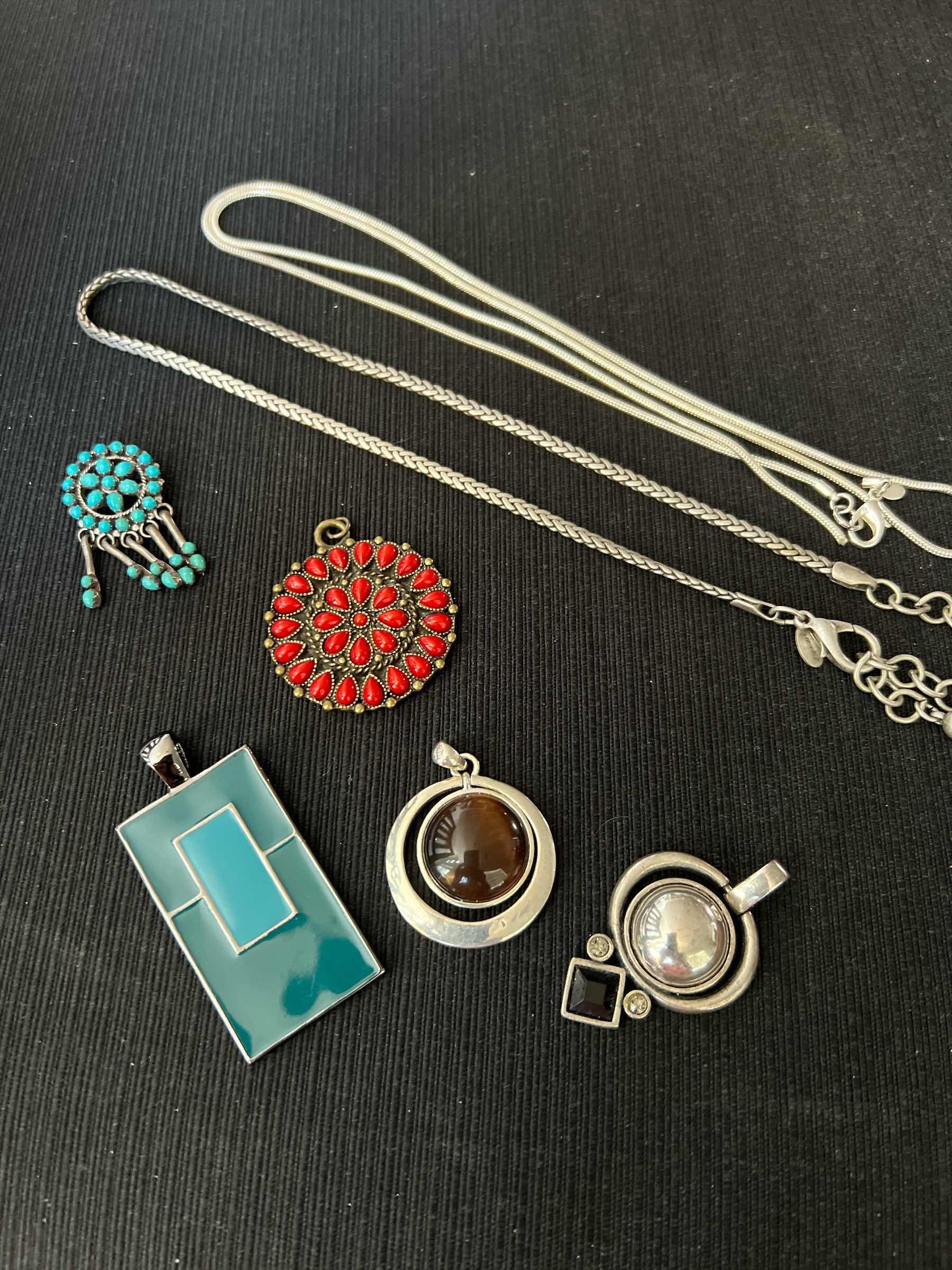 Photo 1 of JEWELRY LOT - TWO SILVER CHAINS - BEAD PIN AND 4 PENDANTS