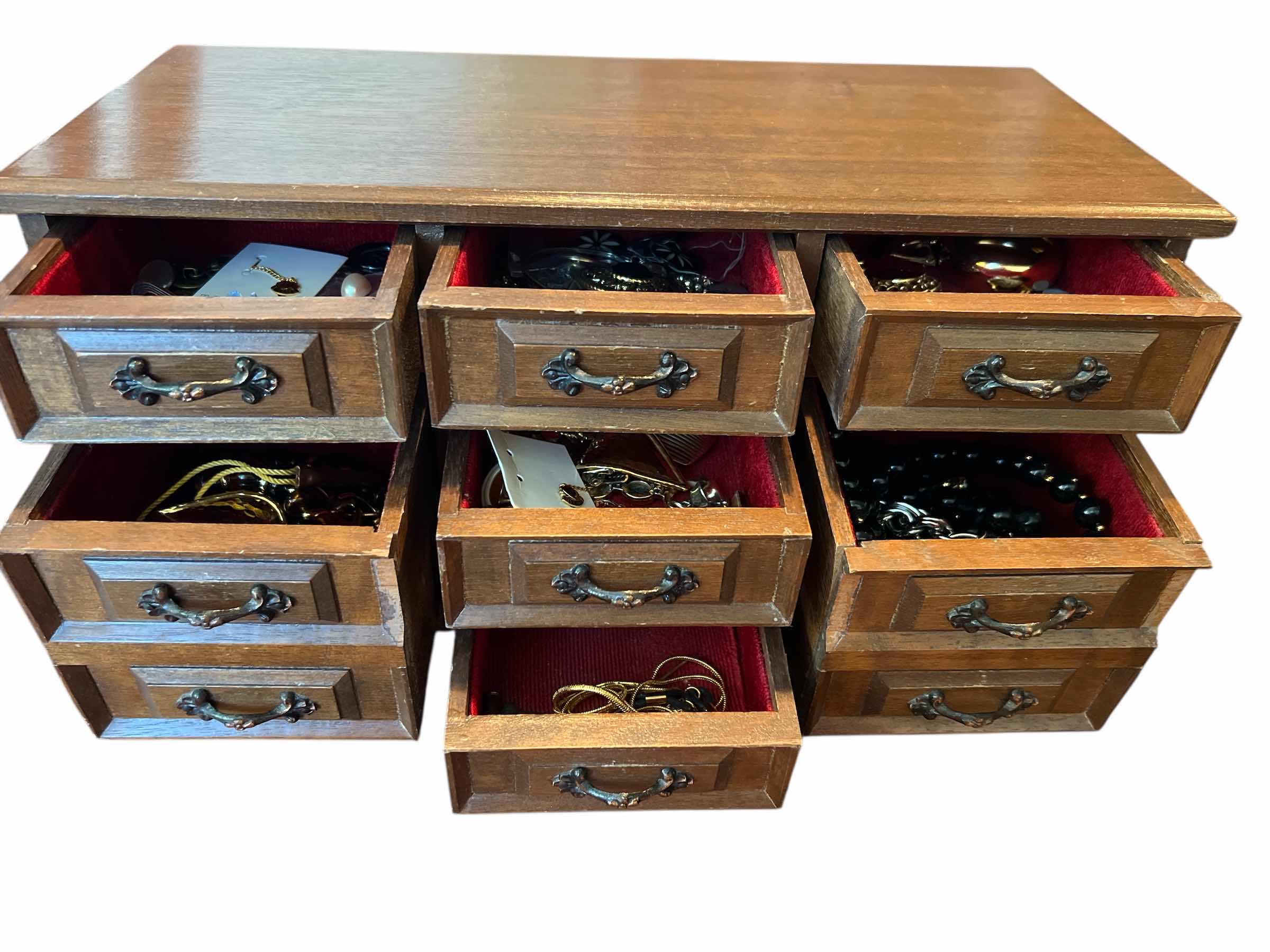 Photo 1 of WOODEN - 9 DRAWER JEWELRY BOX AND CONTENTS - 15” x 7” x 7”