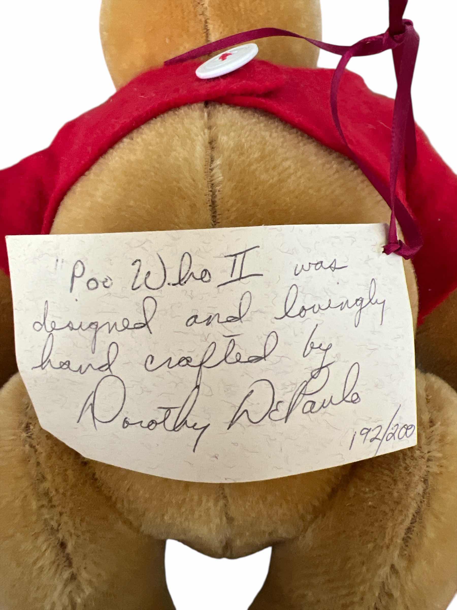 Photo 1 of MOHAIR JOINTED ARTIST BEAR - WINNIE THE POOH - 14” - LIMITED ED WITH SIGNED ARTIST TAG DOROTHY DEPAULO