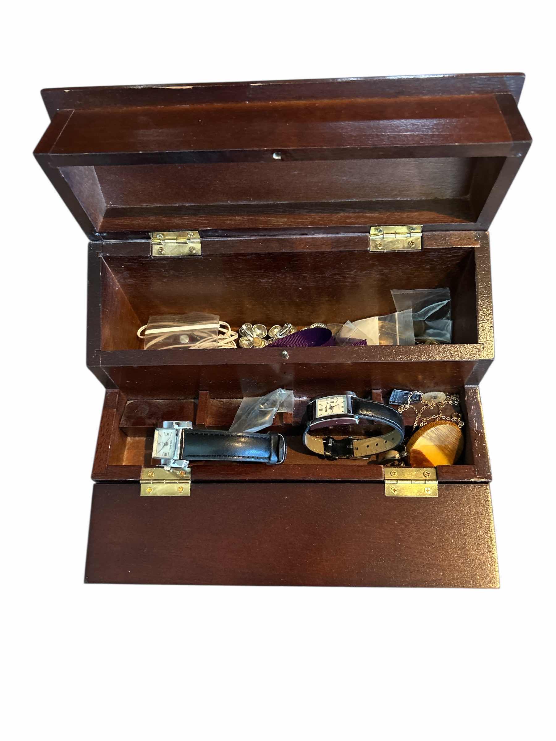 Photo 1 of DARK WOOD TWO COMPARTMENT JEWELRY BOX AND CONTENTS