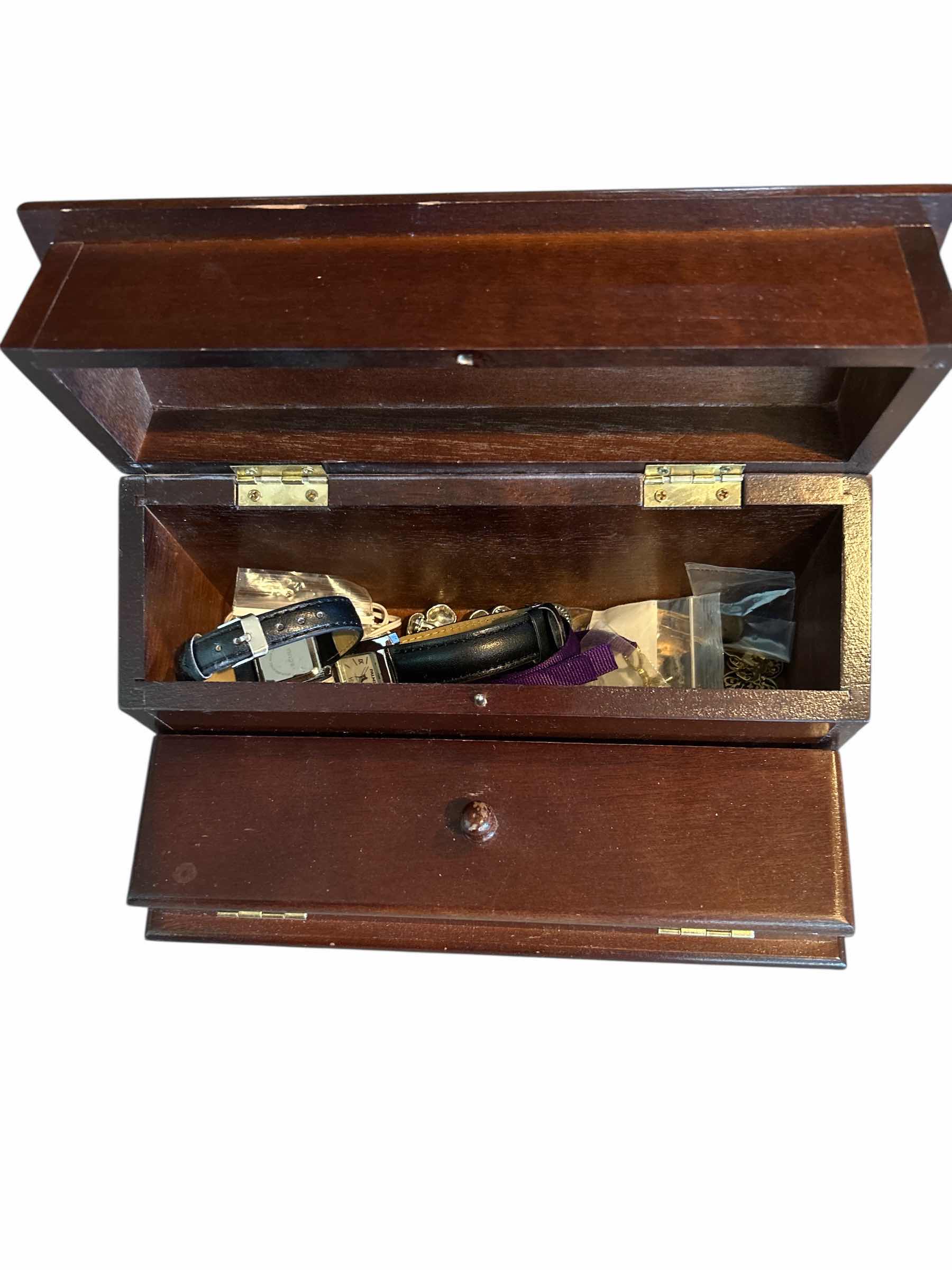 Photo 1 of DARK WOOD TWO COMPARTMENT JEWELRY BOX AND CONTENTS
