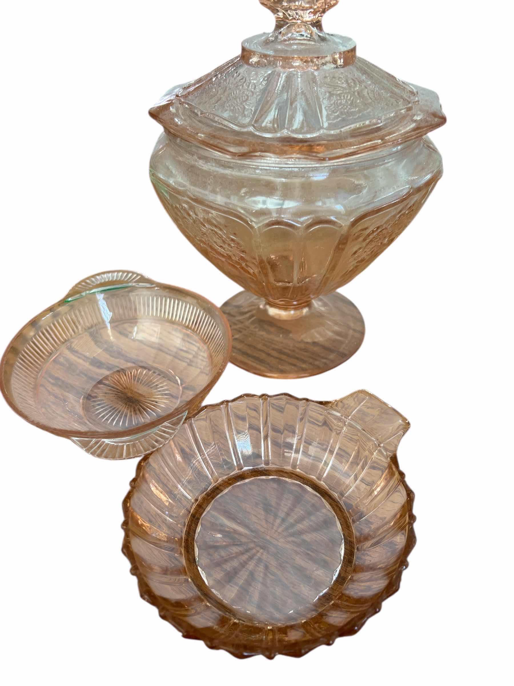 Photo 1 of PINK DEPRESSION GLASS LOT: COVERED COMPOTE AND 2 DISHES