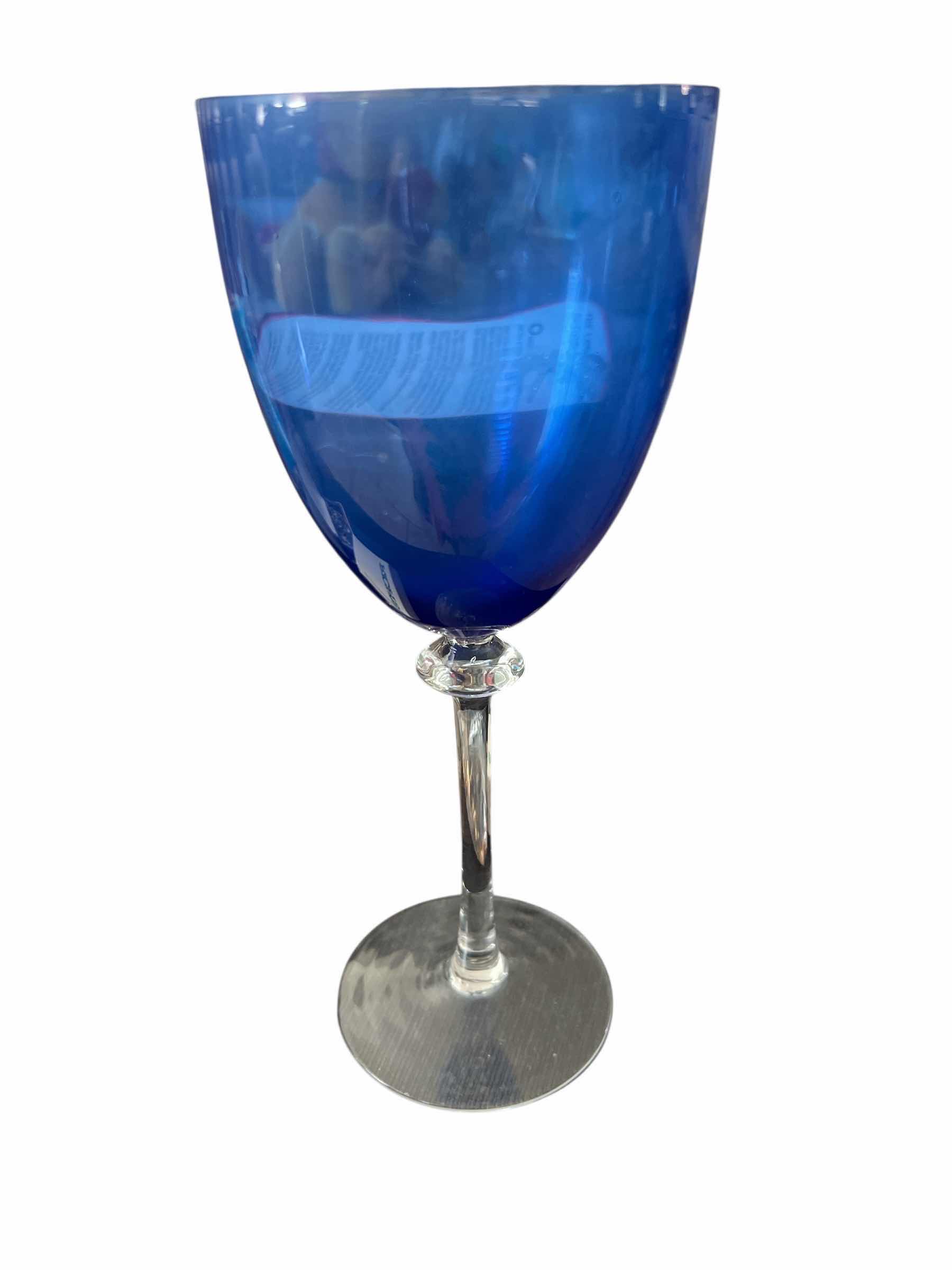 Photo 1 of LOT: 6 - BLUE AND WHITE GLASS WINEGLASSES - 9” TALL AND 2 BLUE WINE GLASSES