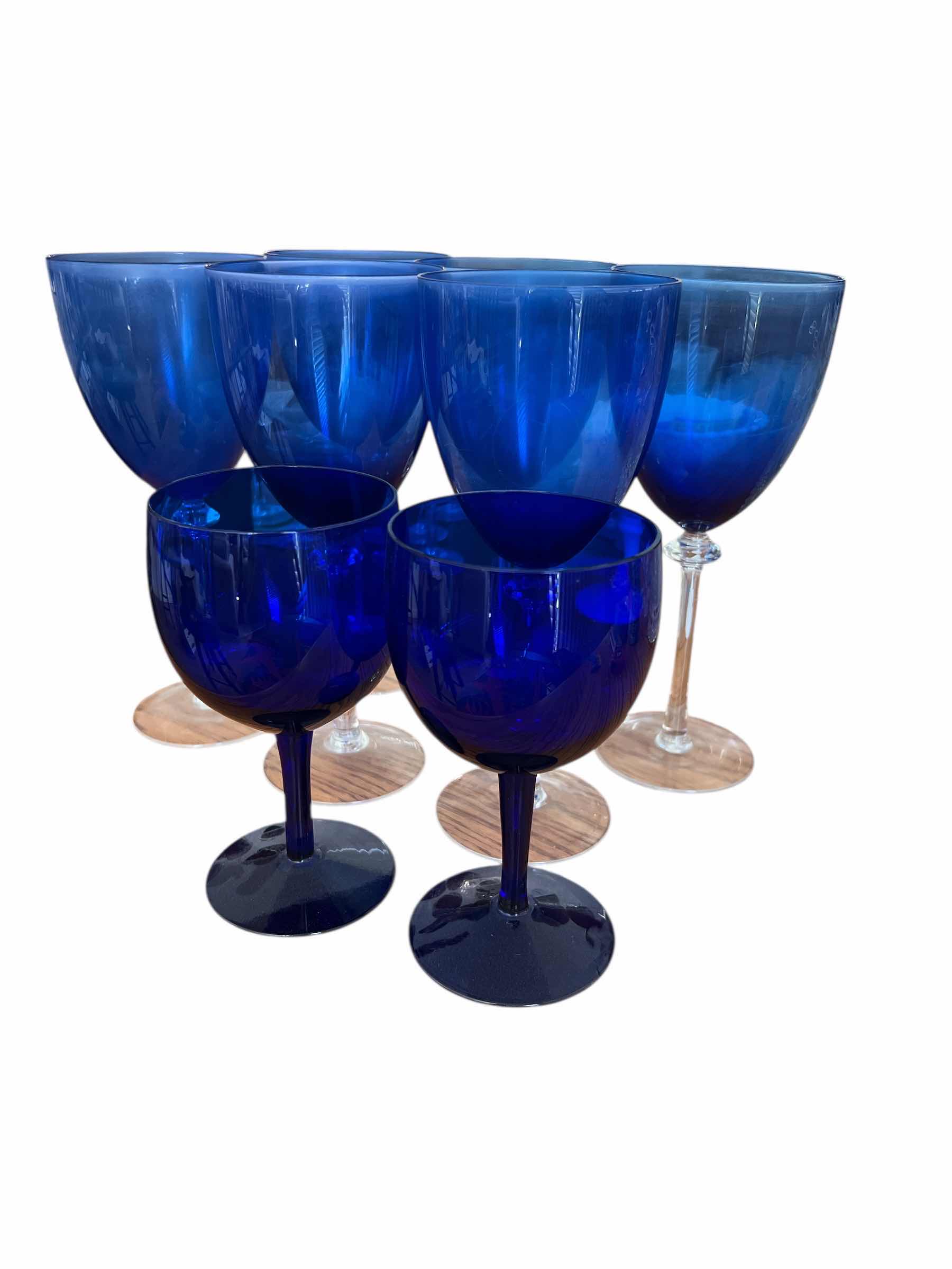 Photo 1 of LOT: 6 - BLUE AND WHITE GLASS WINEGLASSES - 9” TALL AND 2 BLUE WINE GLASSES