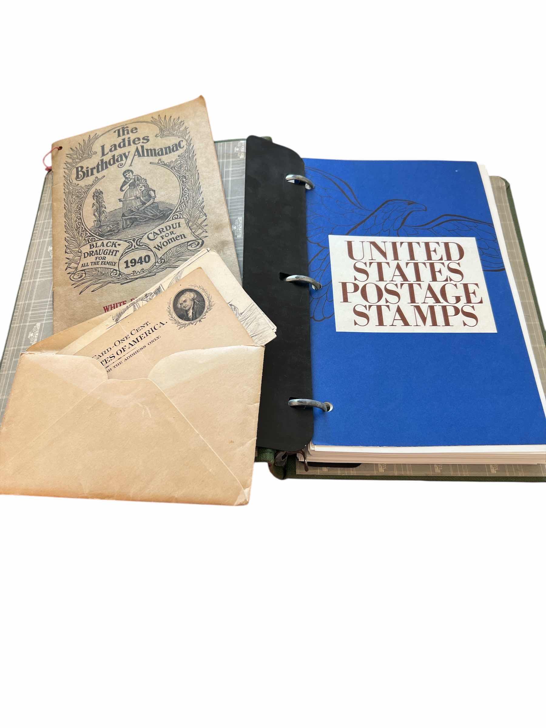 Photo 1 of ANTIQUE BOOK AND ALMANAC - 1940 LADIES BIRTHDAY ALMANAC “WHITE DRUG STORE”, USPS POSTAGE STAMP REFERENCE BOOK AND OLD POSTCARDS