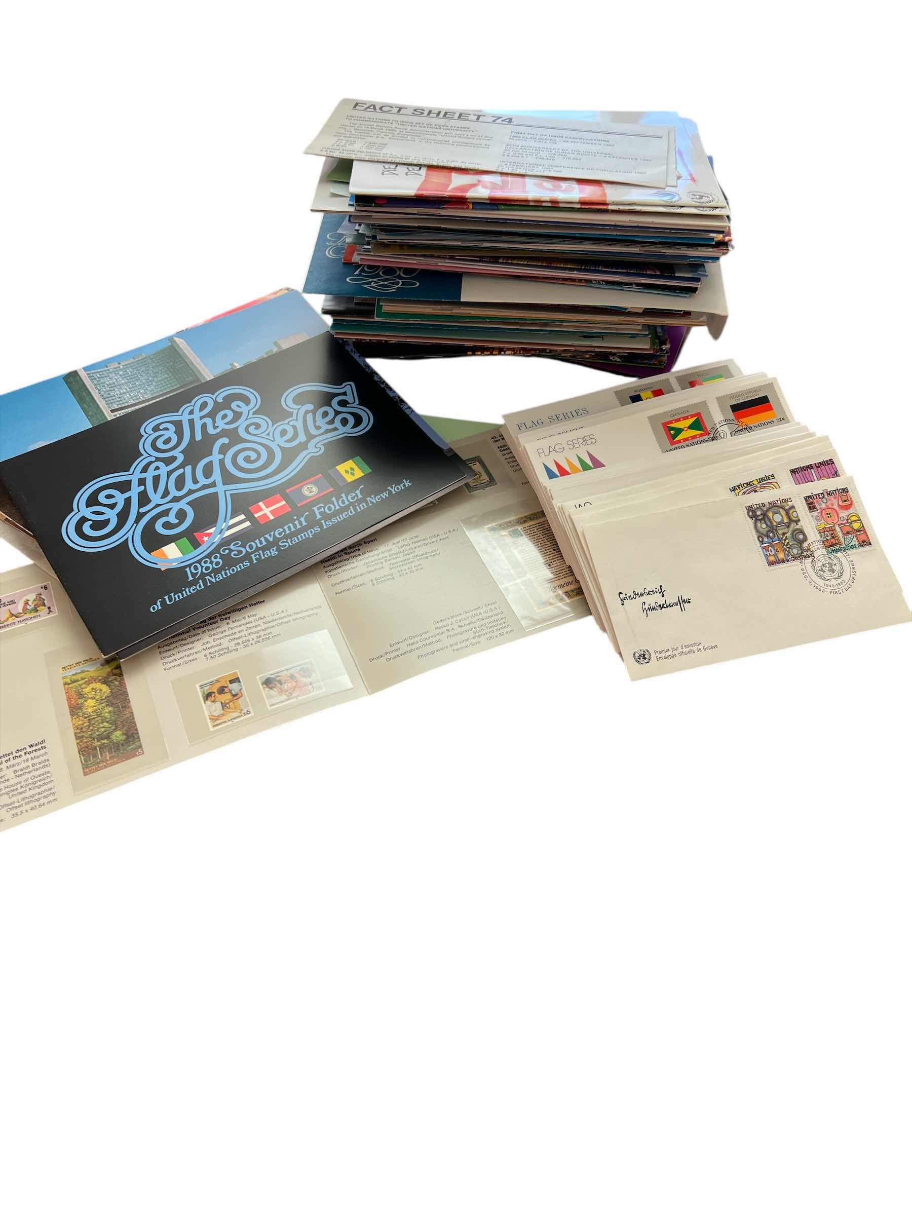 Photo 1 of LARGE COLLECTION OF MODERN ERA UNITED NATIONS FIRST DAY OF ISSUE, SINGLE STAMP COMMERATIVE FOLDERS AND UN POSTAL SERVICE ADVERTISING BROCHERES