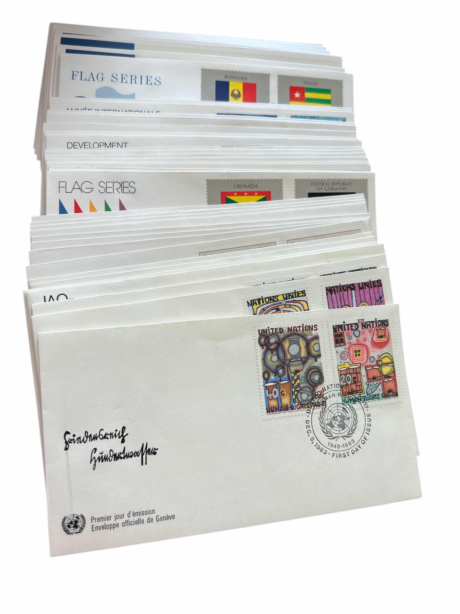 Photo 1 of LARGE COLLECTION OF MODERN ERA UNITED NATIONS FIRST DAY OF ISSUE, SINGLE STAMP COMMERATIVE FOLDERS AND UN POSTAL SERVICE ADVERTISING BROCHERES