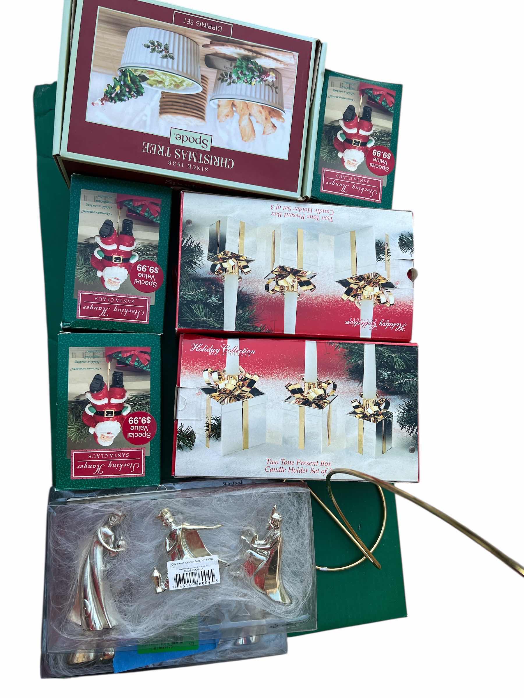 Photo 1 of LOT OF CHRISTMAS DECOR - SERENITY NATIVITY SET - SPOSE DIPPING SETS - STOCKING HANGERS - OVER 40 ASSORTED ORNAMENTS