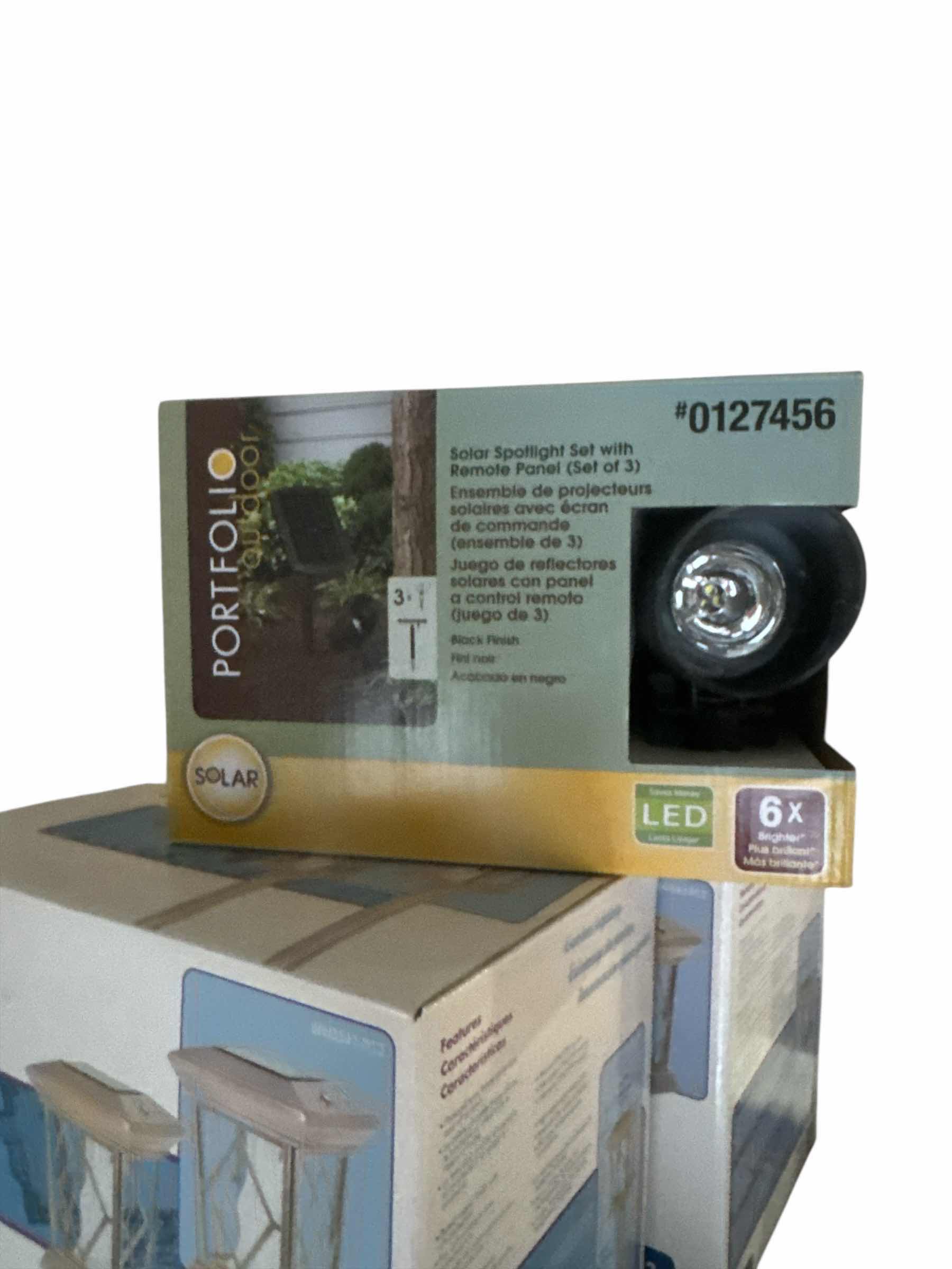 Photo 1 of 4 BOXES OF OUTDOOR SOLAR LIGHTS AND 2 INDOOR CEILING MOUNT MATCHING FIXTURES