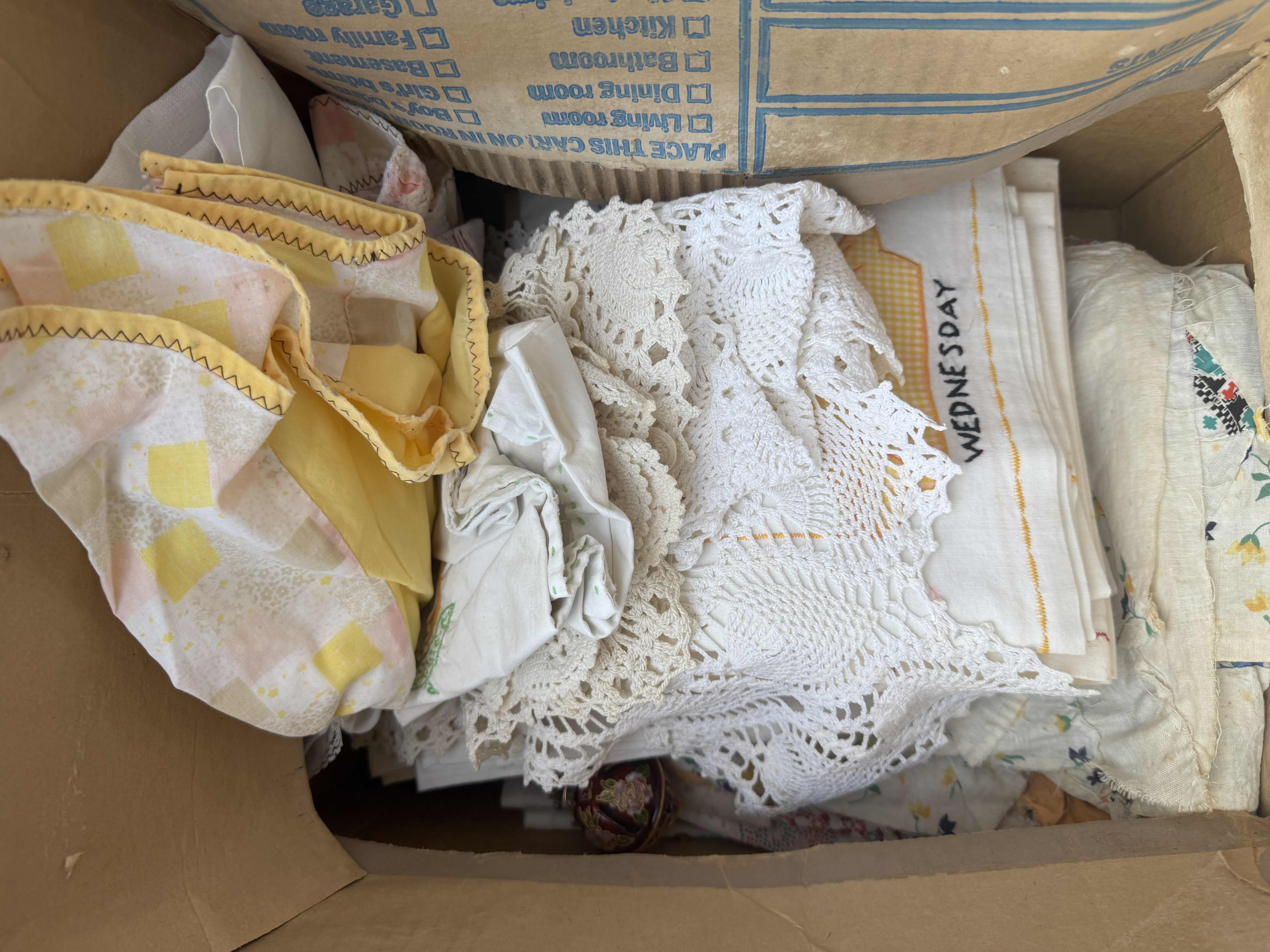Photo 1 of BOX OF VINTAGE LINENS