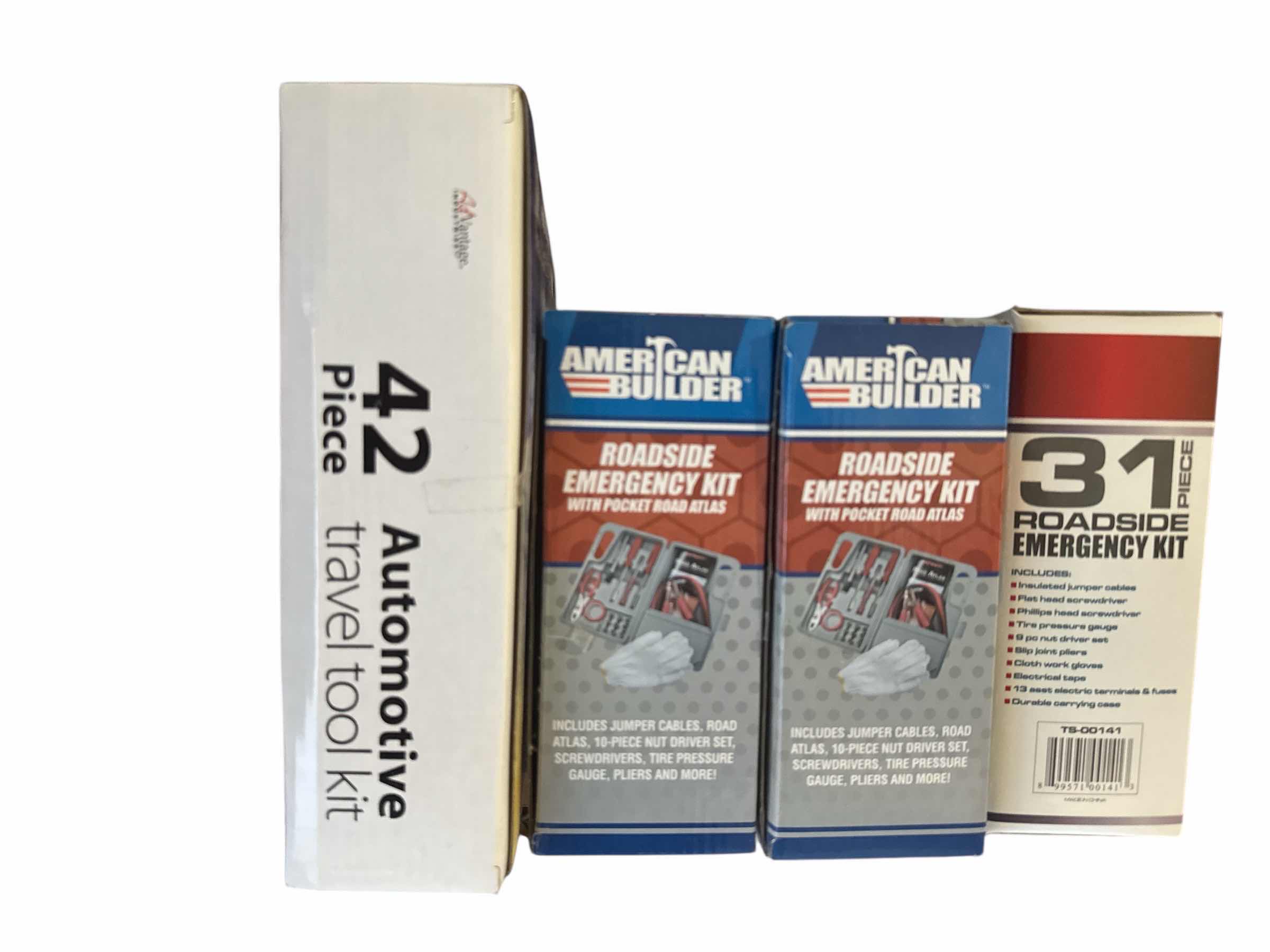 Photo 1 of CONTENTS ON SHELF: EMERGENCY BLANKET, 3 NIB ROADSIDE EMERGENCY KITS, TRAVEL TOOL KIT