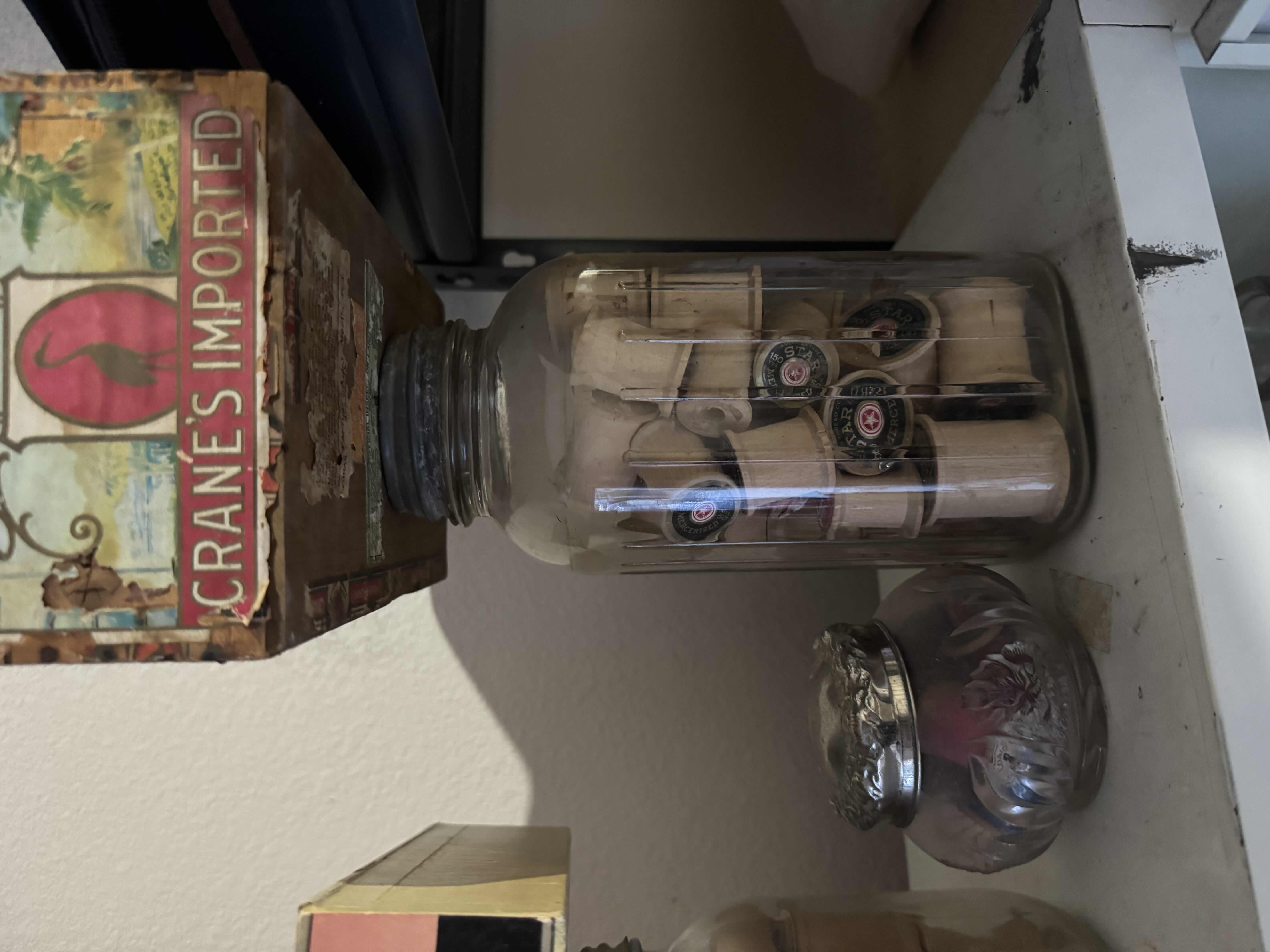 Photo 1 of VINTAGE JARS, SEWING SPOOLS, CIGAR BOXES