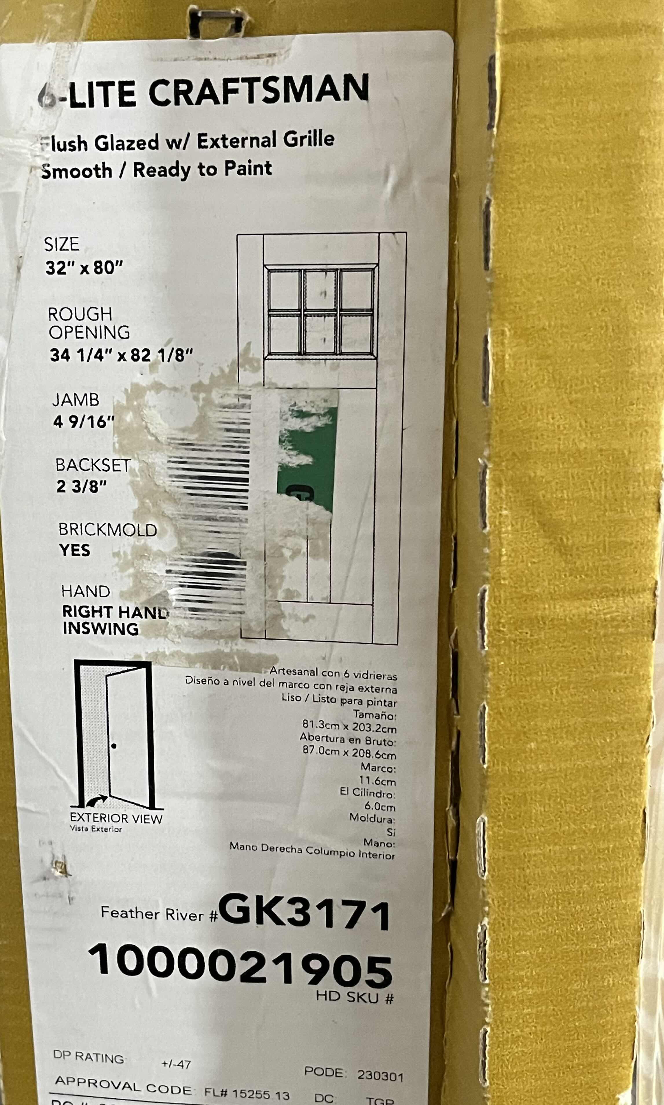 Photo 1 of FEATHER RIVER UNFINISHED SMOOTH WHITE 6 LITE CLEAR GLASS RIGHT-HAND INSWING FIBERGLASS PREHUNG FRONT DOOR W FRAME 32” X 80”