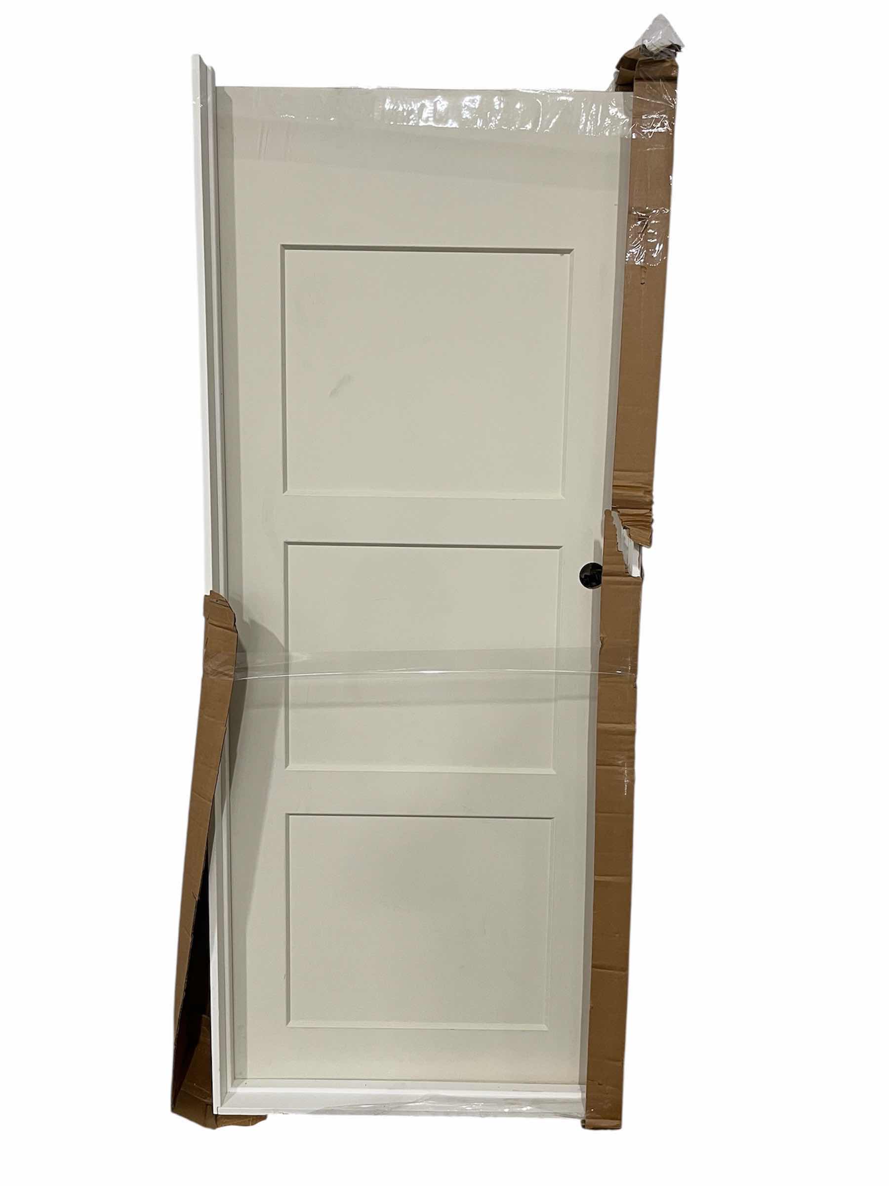 Photo 1 of JELD-WEN UNFINISHED WHITE BIRKDALE 3-PANEL RIGHT-HANDED INSWING SMOOTH HOLLOW CORE PREHUNG INTERIOR DOOR W FRAME 32” X 80”