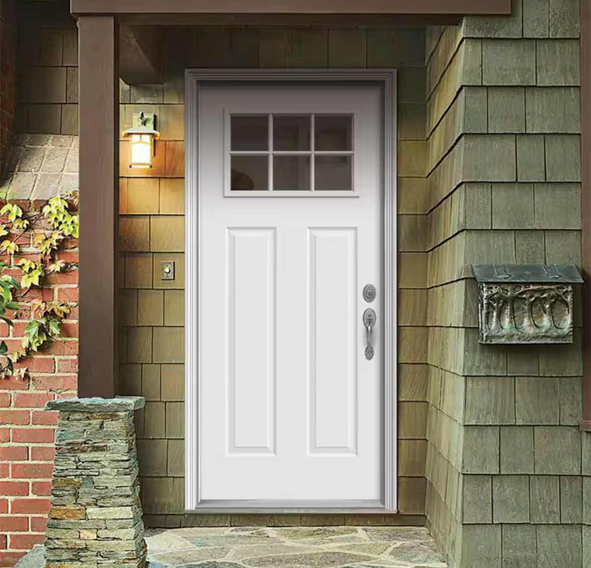 Photo 1 of NEW JELD-WEN CRAFTSMAN PRIMED WHITE  STEEL 6-LITE CLEAR GLASS LEFT-HAND INSWING PREHUNG ENTRY DOOR W BRICKMOULD FRAME 30” X 80”