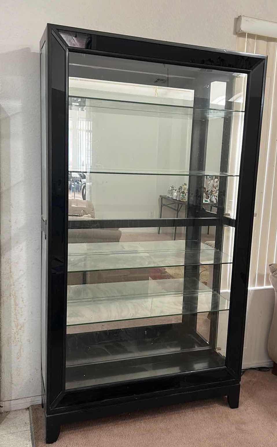 Photo 1 of MODERN BLACK WOOD DISPLAY CABINET, WITH 4 GLASS SHELVES AND TWO LIGHTS 45 1/2“ x 14“ x 82“