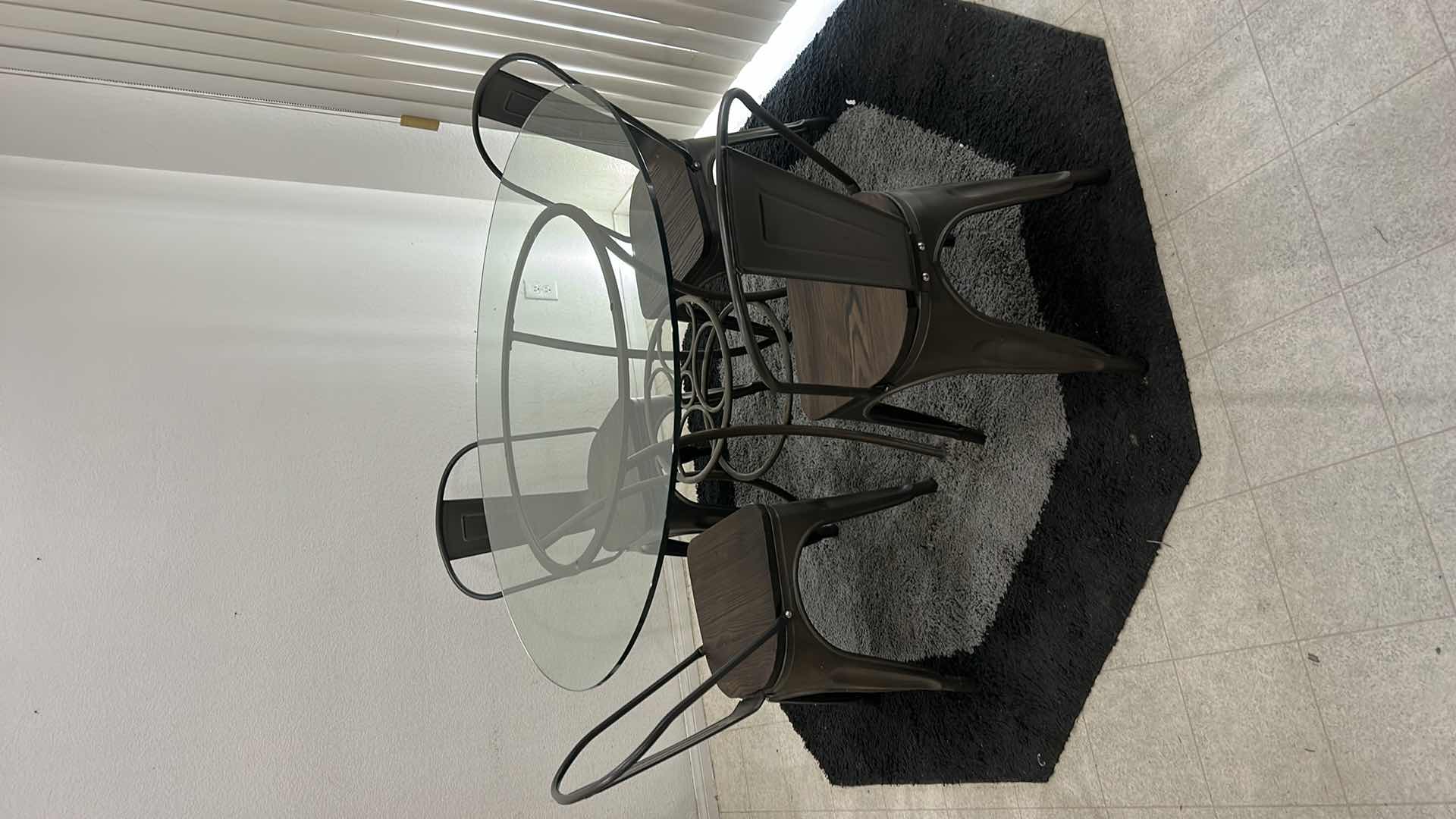 Photo 5 of METAL GLASS TOP 4’ ROUND TABLE WITH 4 METAL AND WOOD CHAIRS (CHINA SOLD SEPARATELY)