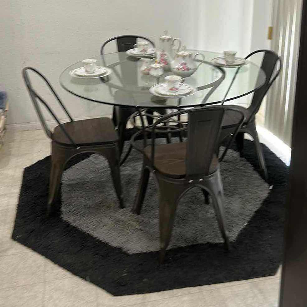 Photo 1 of METAL GLASS TOP 4’ ROUND TABLE WITH 4 METAL AND WOOD CHAIRS (CHINA SOLD SEPARATELY)