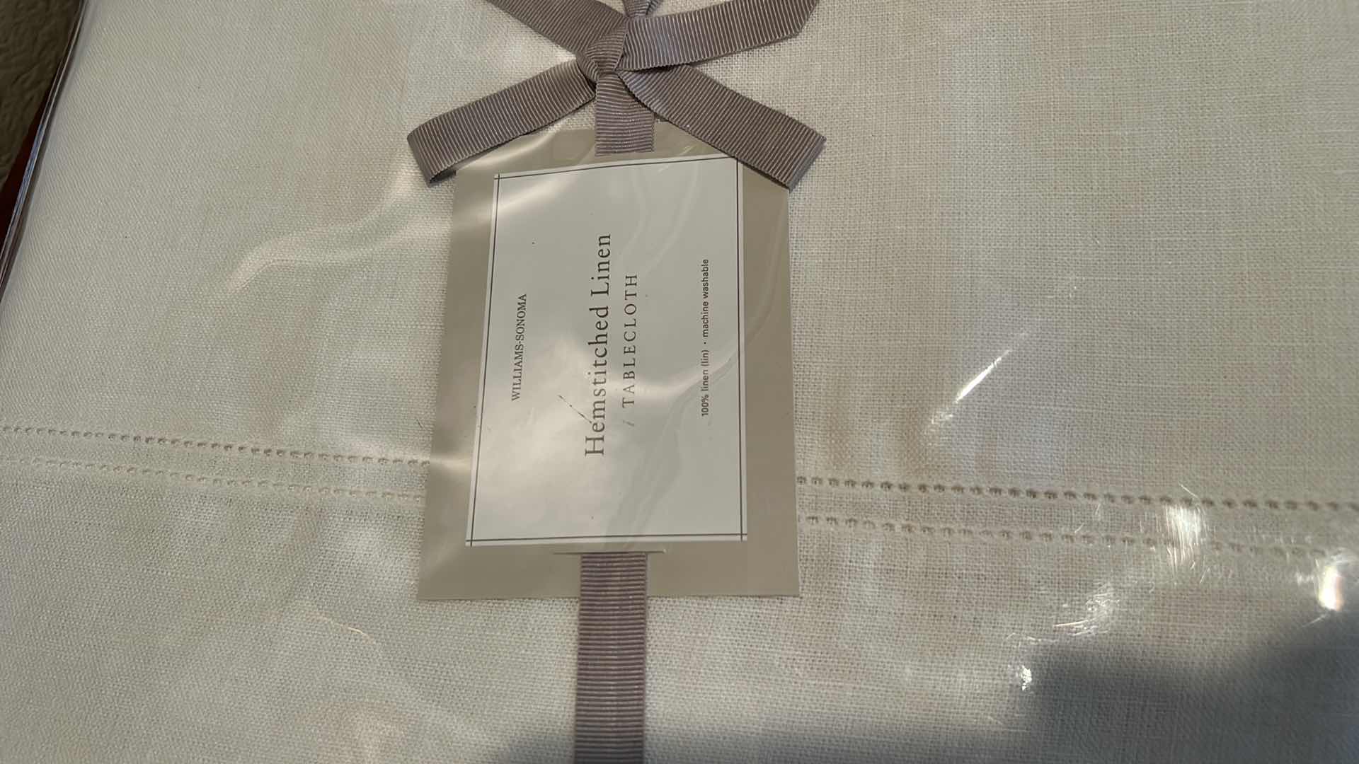 Photo 2 of NEW WILLIAM SONOMA HEMSTITCHED LINEN TABLECLOTH 70” x 126”