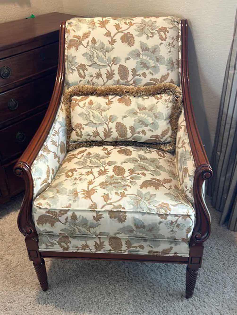 Photo 1 of ROBERT ALLEN UPHOLSTERED FABRIC AND WOOD ARM OCCASIONAL CHAIR 29” x 32