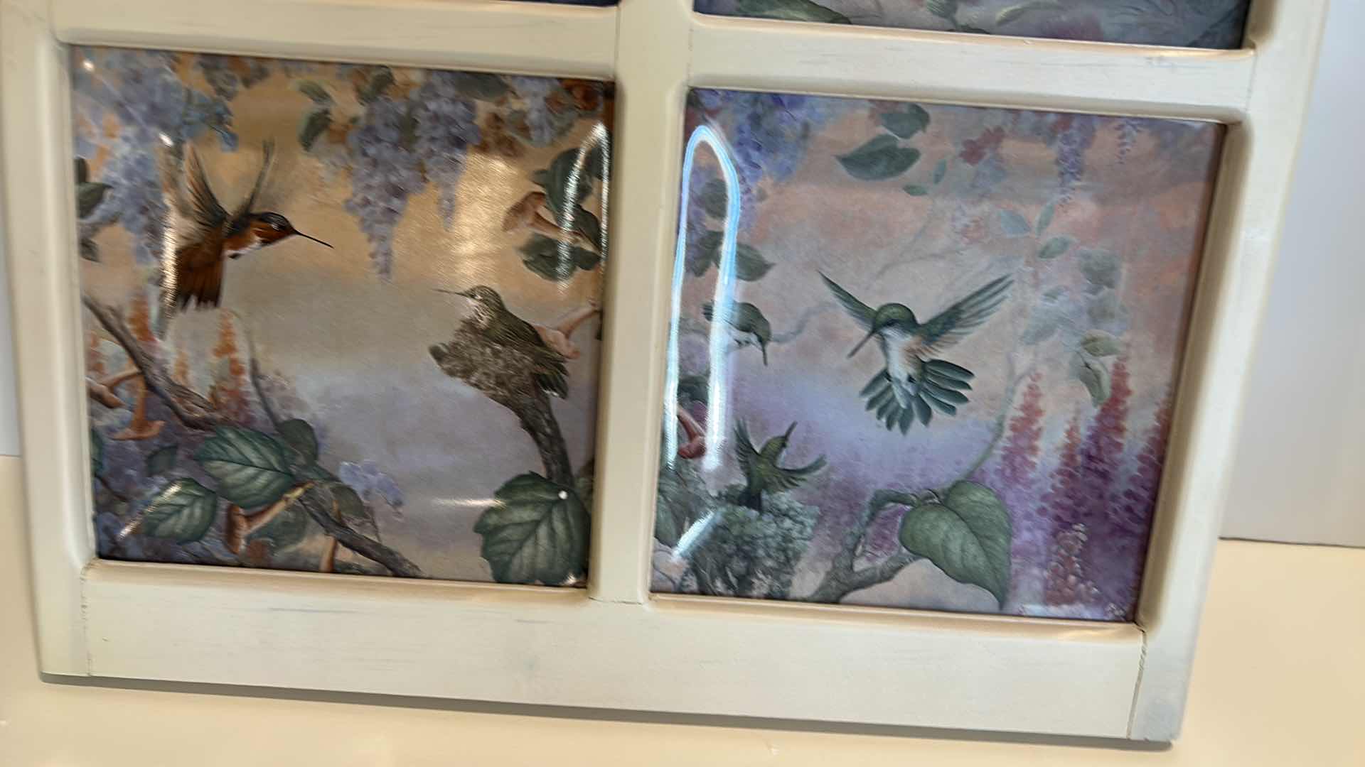 Photo 2 of WINDOW PANE WITH 6 COLLECTIBLE PORCELAIN “A GARDEN OF LITTLE JEWELS” PLATES NUMBERED BY LARRY MARTIN 14 1/4” x 22 1/4”