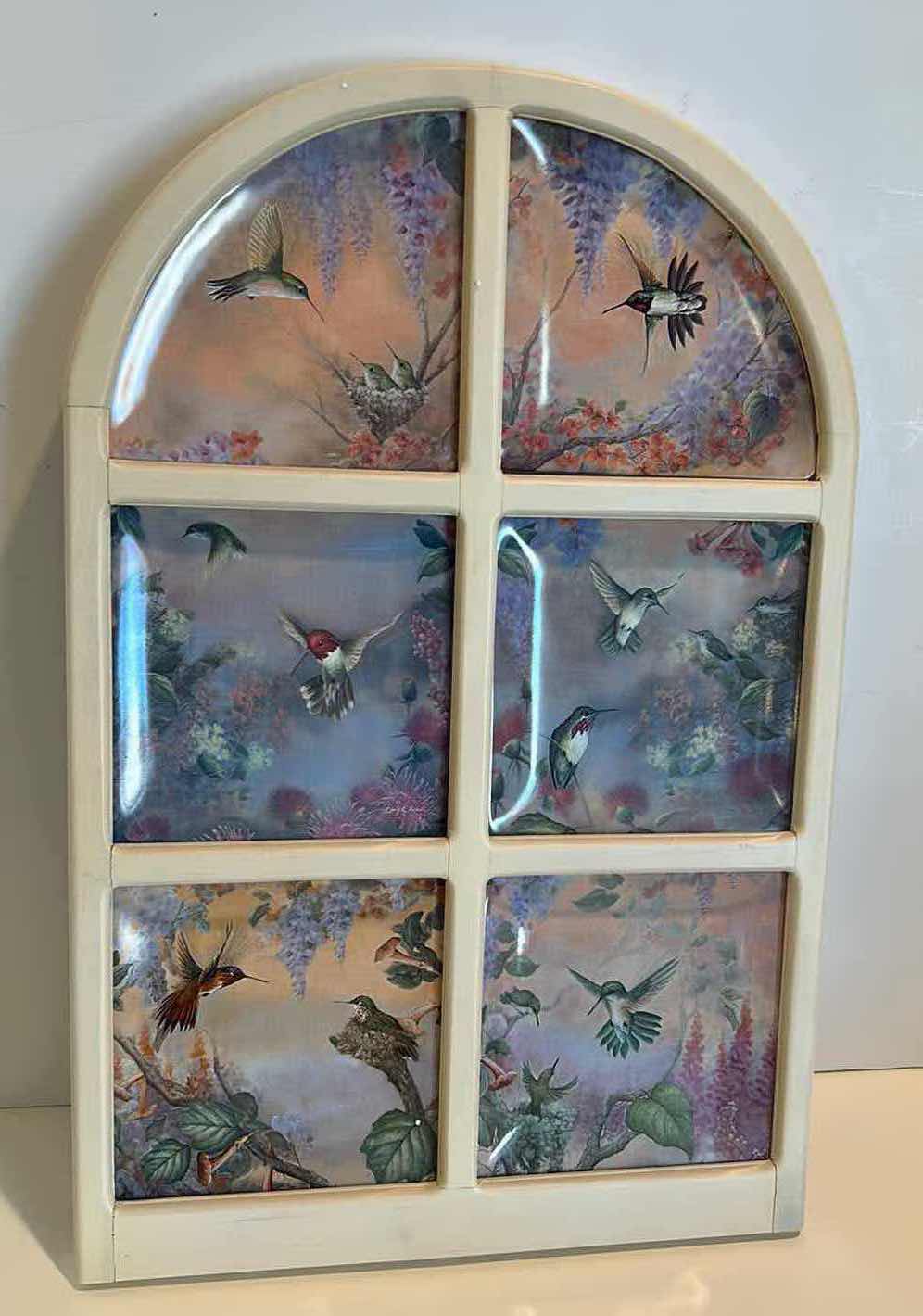 Photo 1 of WINDOW PANE WITH 6 COLLECTIBLE PORCELAIN “A GARDEN OF LITTLE JEWELS” PLATES NUMBERED BY LARRY MARTIN 14 1/4” x 22 1/4”