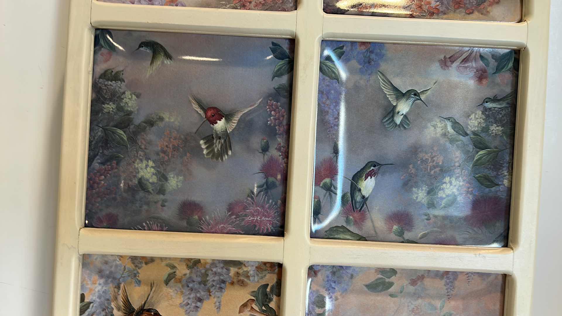 Photo 3 of WINDOW PANE WITH 6 COLLECTIBLE PORCELAIN “A GARDEN OF LITTLE JEWELS” PLATES NUMBERED BY LARRY MARTIN 14 1/4” x 22 1/4”