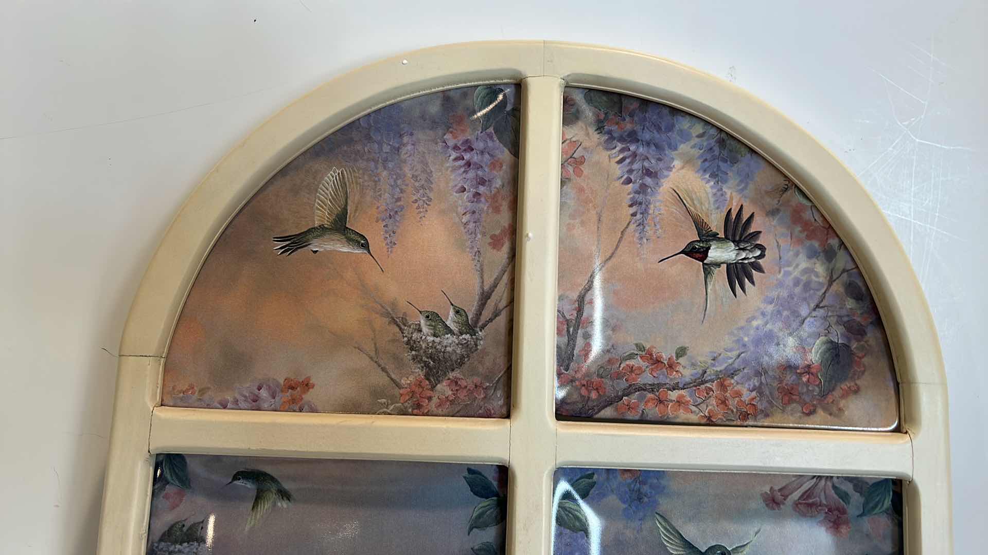 Photo 4 of WINDOW PANE WITH 6 COLLECTIBLE PORCELAIN “A GARDEN OF LITTLE JEWELS” PLATES NUMBERED BY LARRY MARTIN 14 1/4” x 22 1/4”