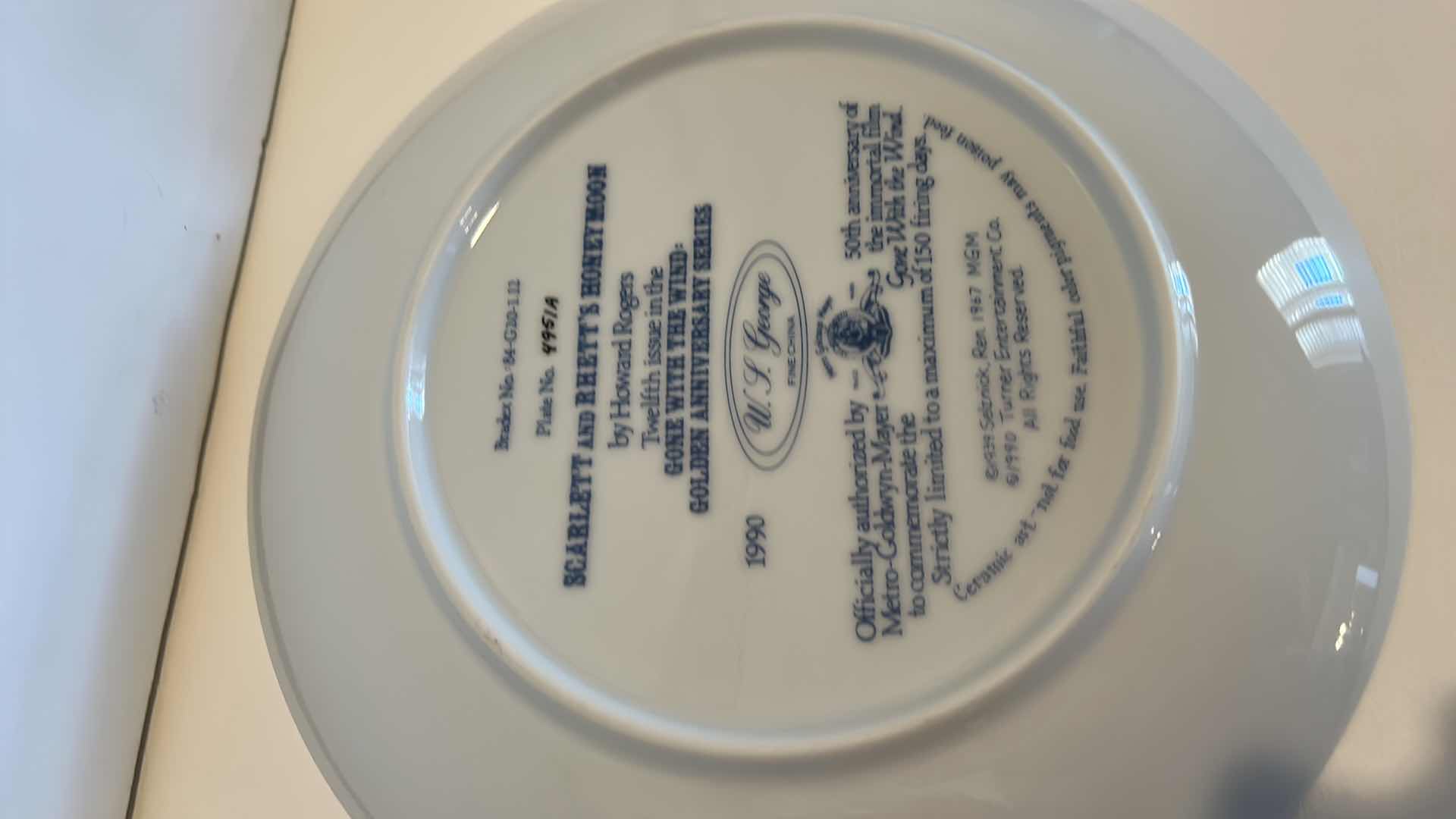 Photo 4 of 2 - COLLECTIBLE FINE CHINA “GONE WITH THE WIND” GOLDEN ANNIVERSARY SERIES BY W.L. GEORGE NUMBERED PLATES 8.5”