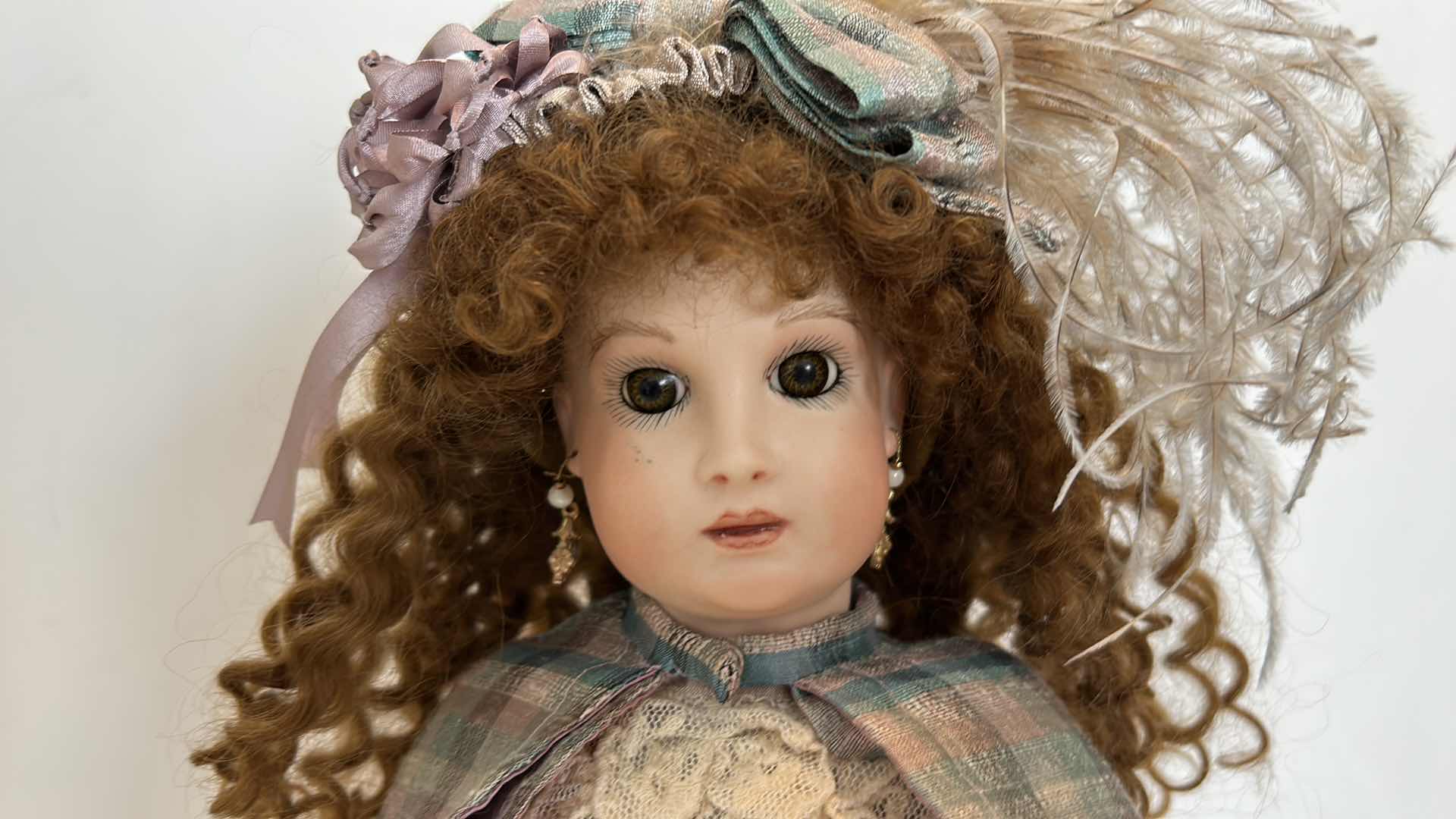 Photo 9 of GLOBAL DOLL (HAIR IS 100% MOHAIR) PORCELAIN DOLL ON STAND MOVABLE PARTS