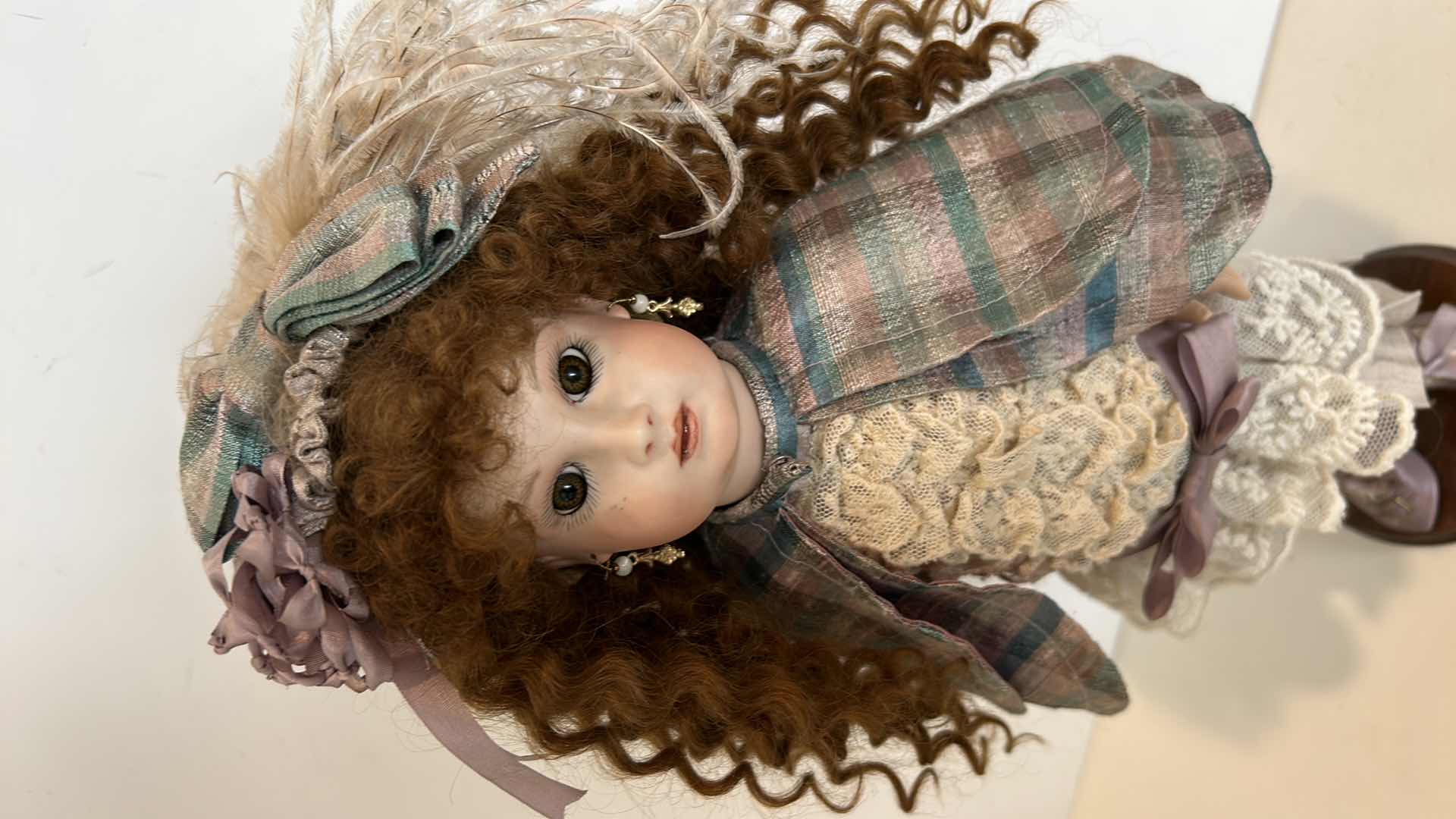 Photo 10 of GLOBAL DOLL (HAIR IS 100% MOHAIR) PORCELAIN DOLL ON STAND MOVABLE PARTS