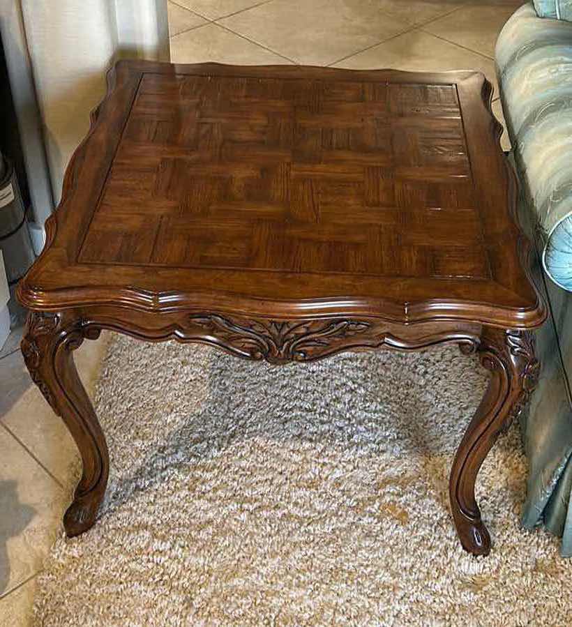 Photo 1 of ORNATELY CARVED WOOD SIDE TABLE 30” x 32” x 22”