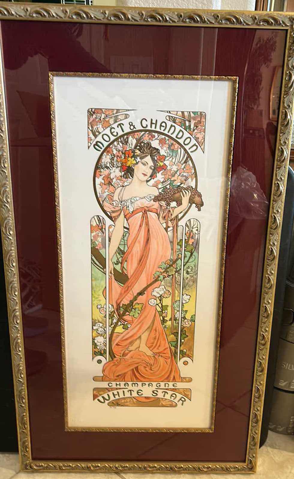 Photo 5 of NUMBERED AND SIGNED MUCHA “MOËT & CHANDON CHAMPAGNE WHITE STAR” ARTWORK GOLD FRAMED 18 1/4“ x 33“