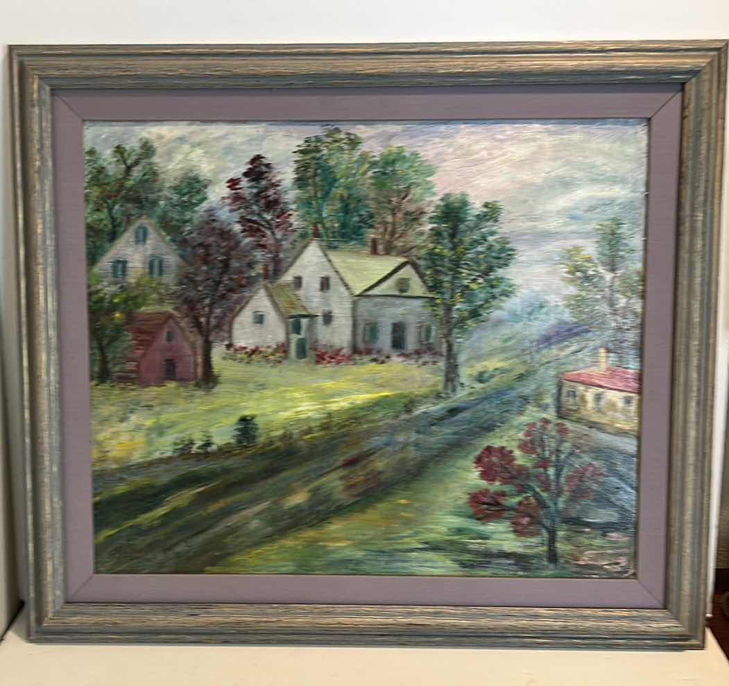Photo 1 of SIGNED” HOUSES AND STREAM” 1927 ARTWORK, FRAMED 30” x 25 1/2”