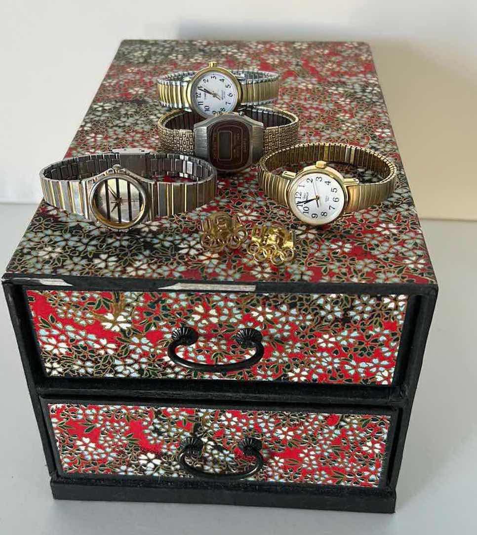 Photo 1 of JEWELRY BOX AND 4 TIMEX WATCHES + 2 OLYMPIC PINS