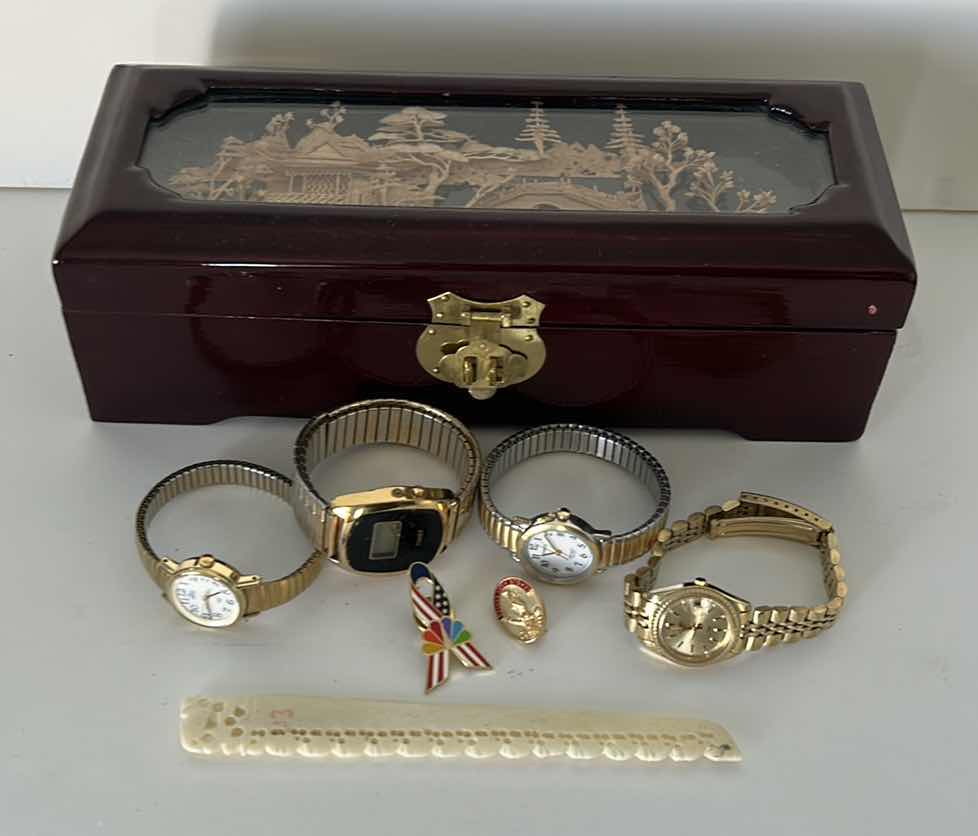 Photo 1 of JEWELRY BOX AND 4 TIMEX WATCHES + 2 PINS & MORE
