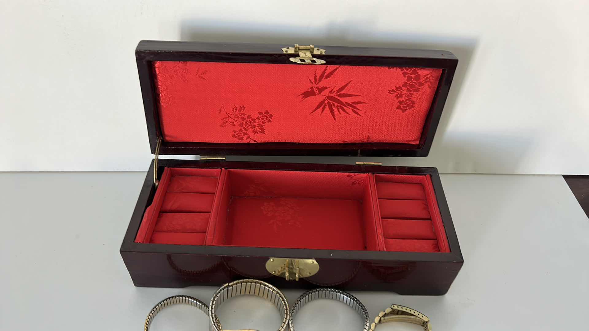 Photo 7 of JEWELRY BOX AND 4 TIMEX WATCHES + 2 PINS & MORE