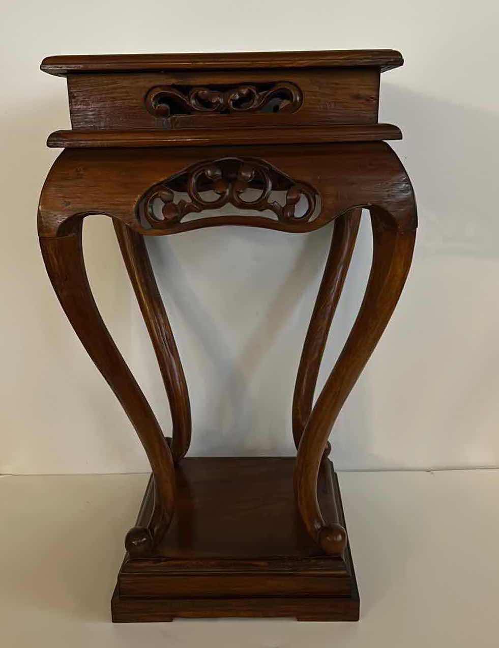 Photo 3 of CARVED WOOD PEDESTAL TABLE 15” x 24”