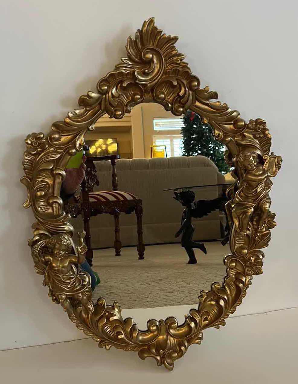 Photo 1 of ORNATE OVAL GOLD FRAMED RESIN MIRROR WITH ANGELS 19 1/2” x 27”