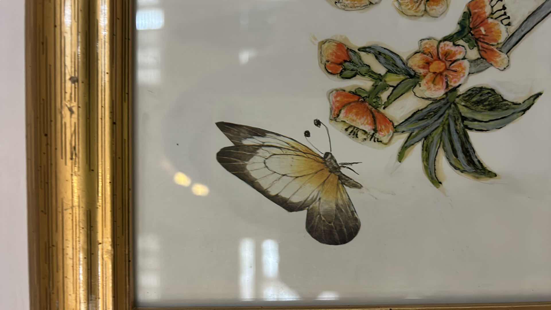 Photo 3 of HOME DECOR- SIGNED ORIGINAL ARTWORK, BLUEJAY AND BUTTERFLIES ARTWORK, GOLD FRAMED 13 1/2” x 16 1/2